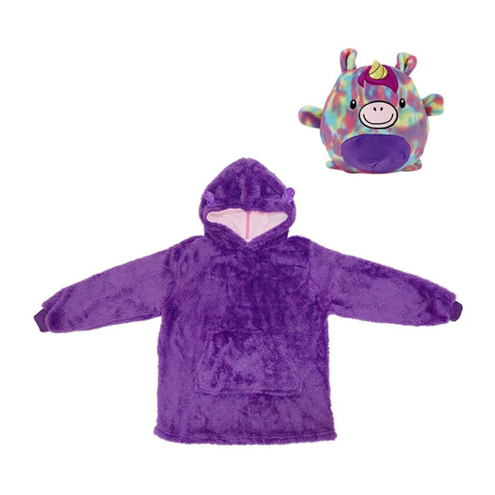 Peluche convertible en sudadera de felpa extrasuave, 60x47cm. Bolsillo frontal tipo canguro. Diseño Unicornio