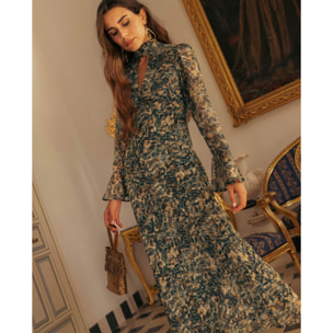 Vestido midi estampado con manga larga y escote en pico con lazada.