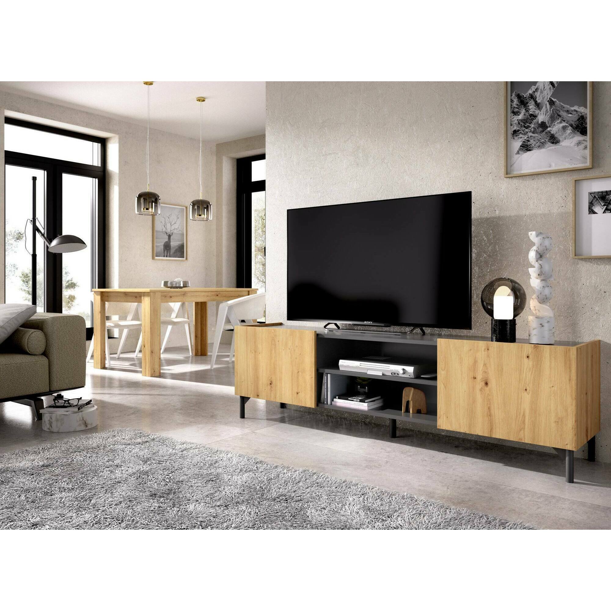 Mobile porta TV Emet, Credenza bassa da soggiorno, Madia da salotto per televisione, 161x35h45 cm, Rovere Nodi e Antracite