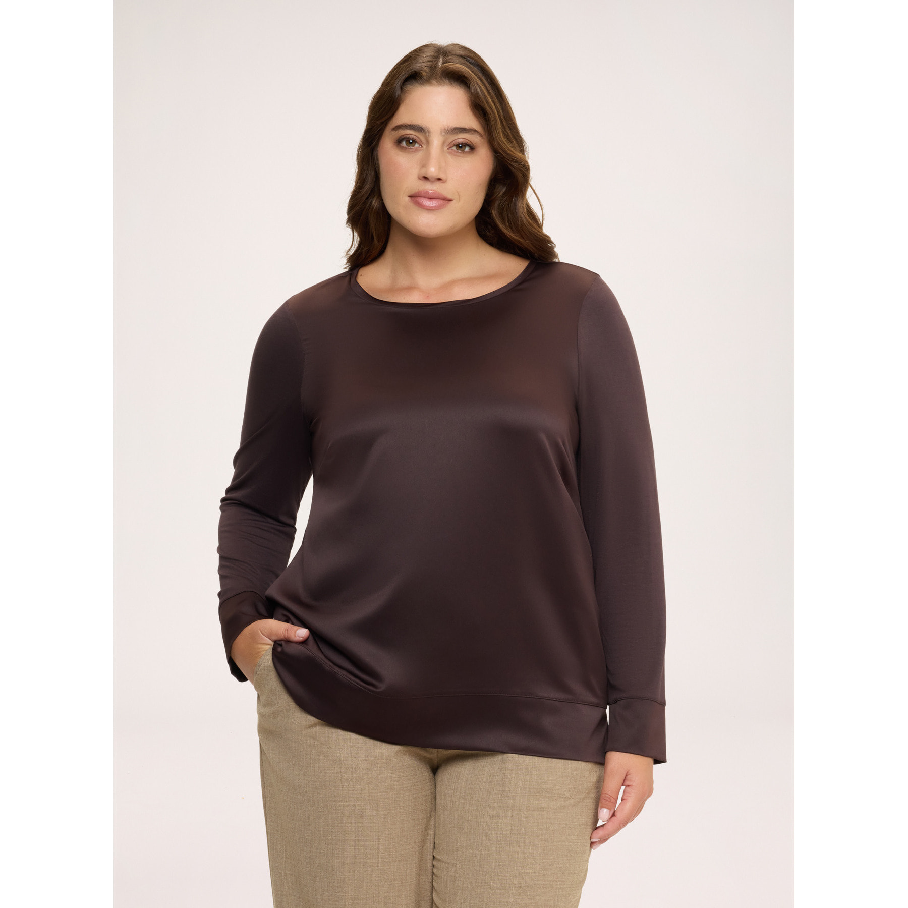 Fiorella Rubino - T-shirt bimaterica in raso e jersey - Marrone