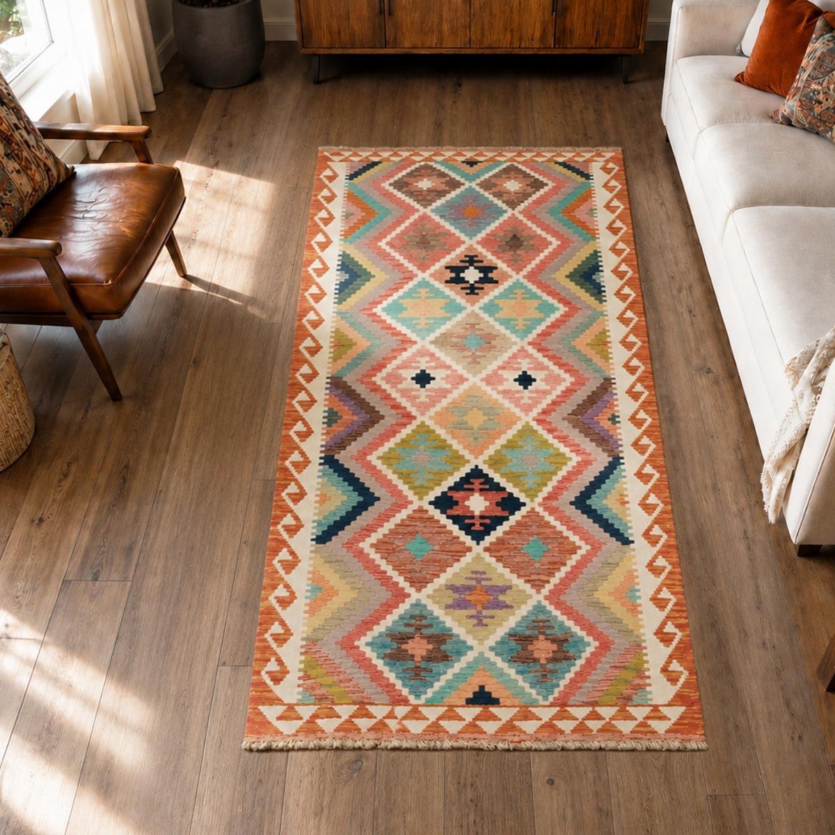 Tapis kilim au motif ethnique, tissé à plat en laine, UDITU