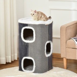 Barril Rascador para Gatos 74 cm de Altura Tonel de Escalada con 3 Cuevas de Sisal y Felpa Plataforma de Lana 40x40x74 cm Gris