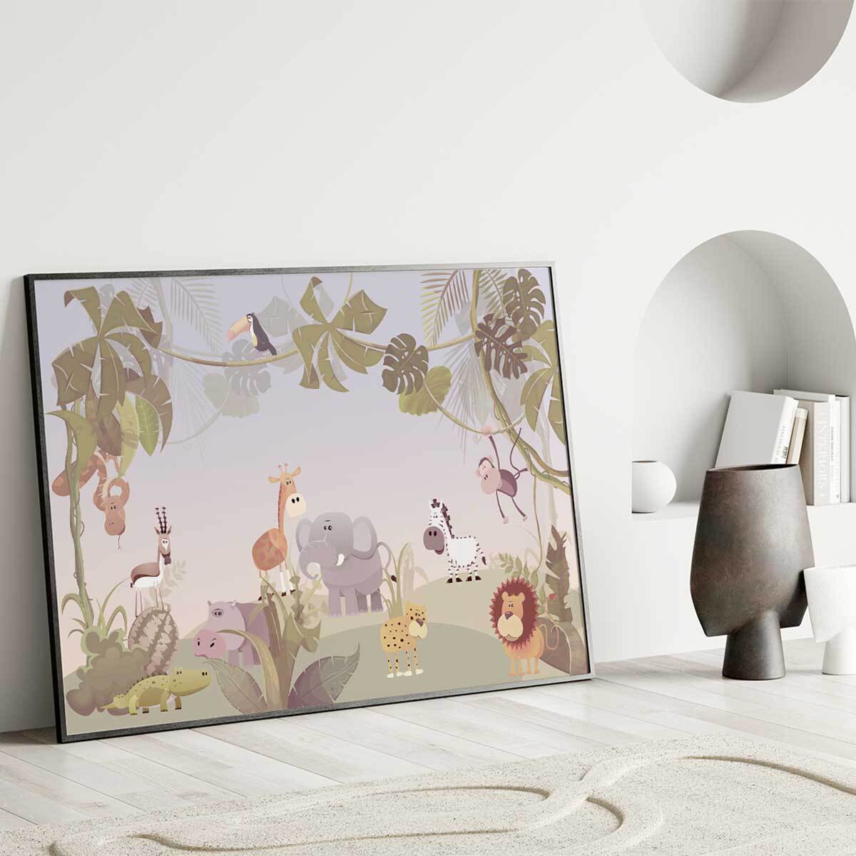 Affiche encadrée jungle animaux enfants Affiche + cadre en métal - Noir