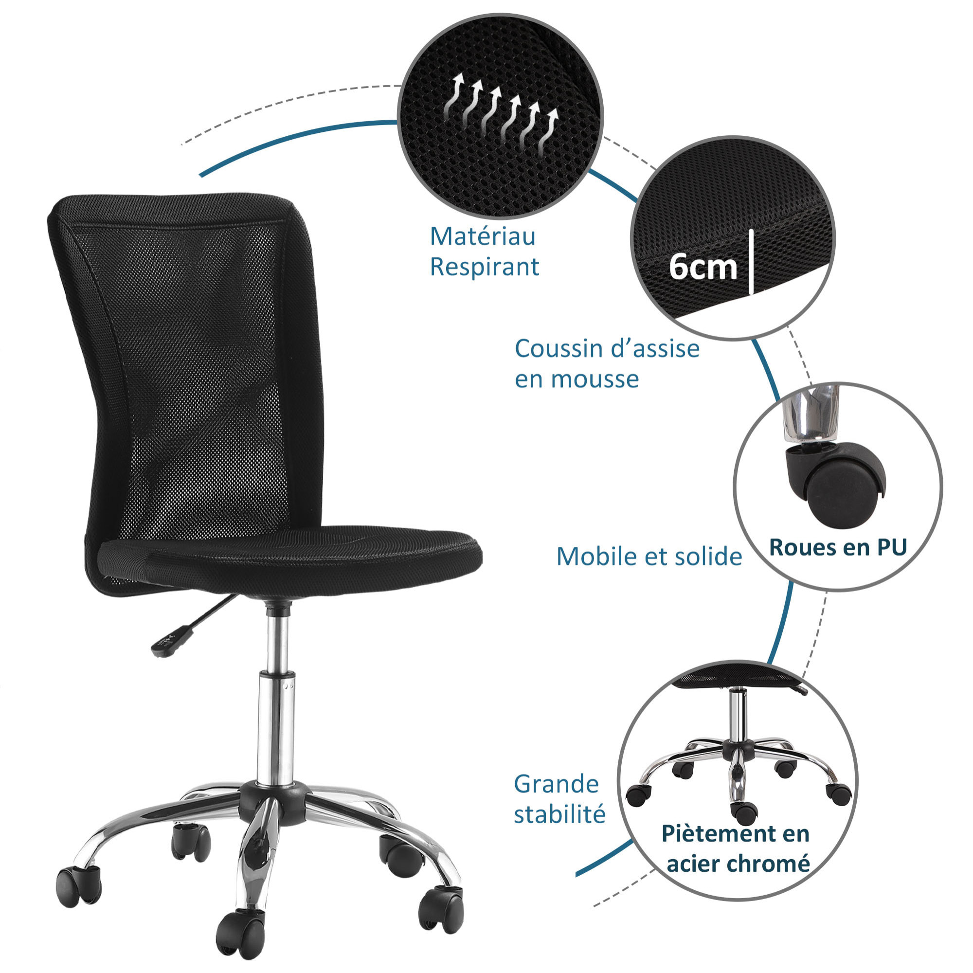 Vinsetto Chaise de bureau ergonomique hauteur réglable piètement chromé pivotant 360° revêtement maille noir