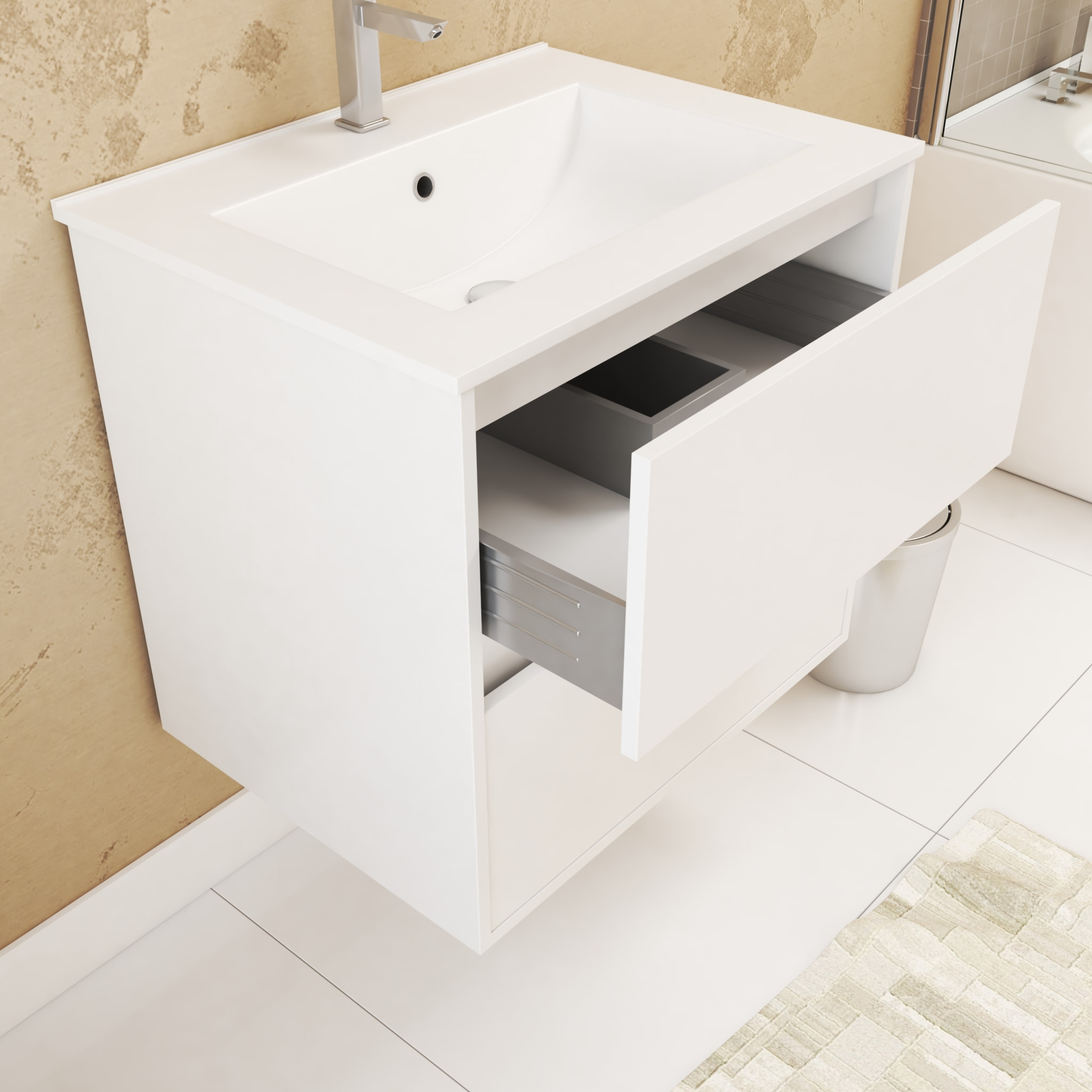 Pack Meuble Salle de Bains 60cm Blanc 2 Tiroirs, Vasque, Miroir 60x80 et réglette Led - XENOS