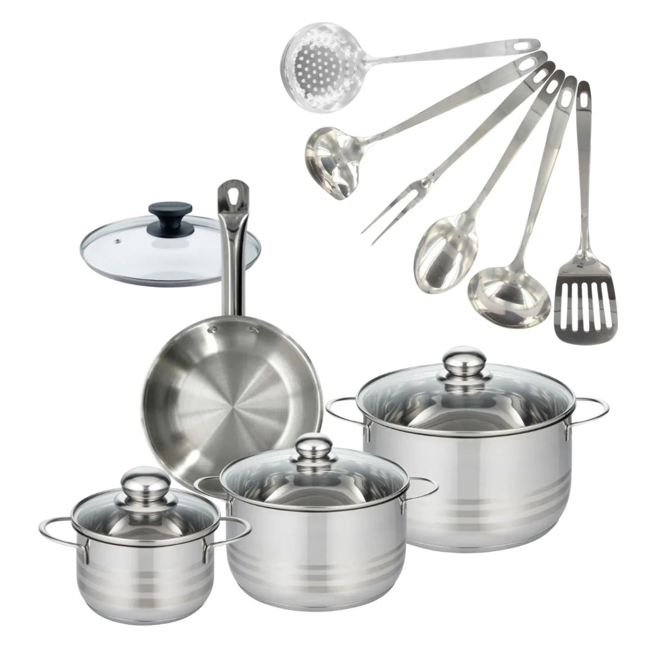 Set 1 poêle 20 cm en inox et couvercle, 3 faitouts inox 16, 20 et 24 cm et 6 ustensiles inox Fackelmann Eterna
