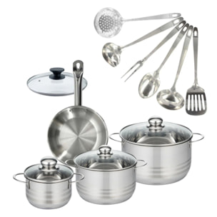 Set 1 poêle 20 cm en inox et couvercle, 3 faitouts inox 16, 20 et 24 cm et 6 ustensiles inox Fackelmann Eterna