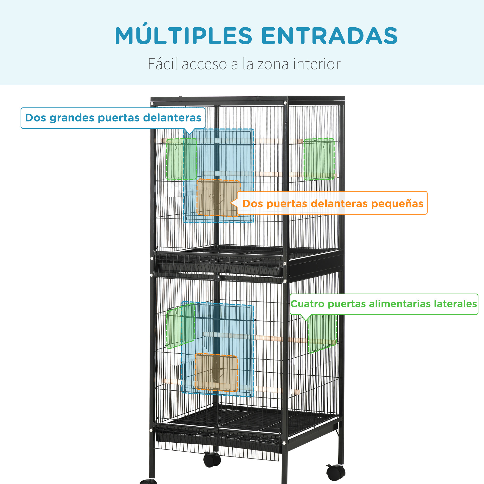 Jaula para Pájaros con Ruedas Jaula Grande de 2 Niveles Pajarera con Bandejas Extraíbles Puertas Comederos Perchas para Canarios Periquitos 51,5x50x140 cm Negro