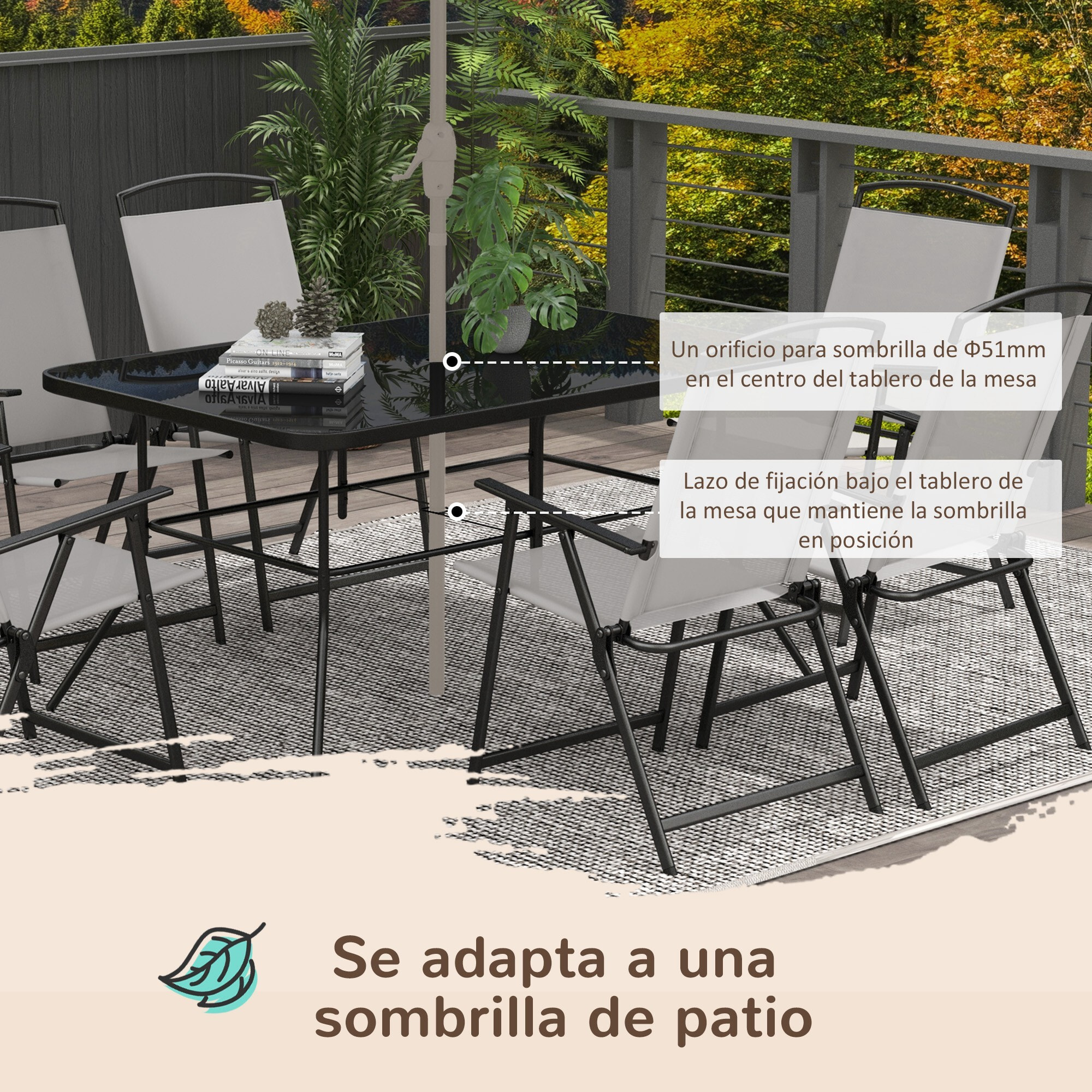 Conjunto de Muebles de Jardín de 7 Piezas Conjunto de Comedor de Exterior con 6 Sillas Plegables y Mesa de con Orificio para Sombrilla para Terraza Exterior Gris