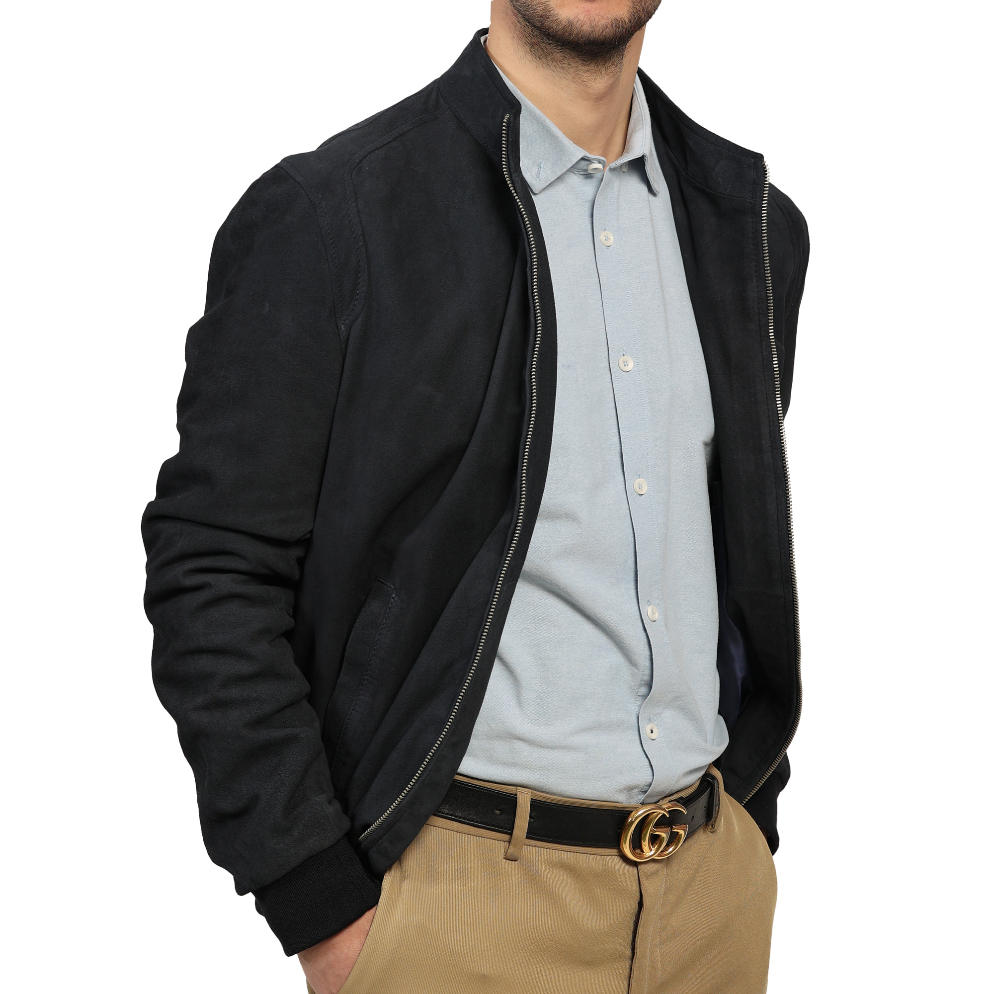 Giubbino in vera pelle di vitello scamosciata Blu-Slim Fit