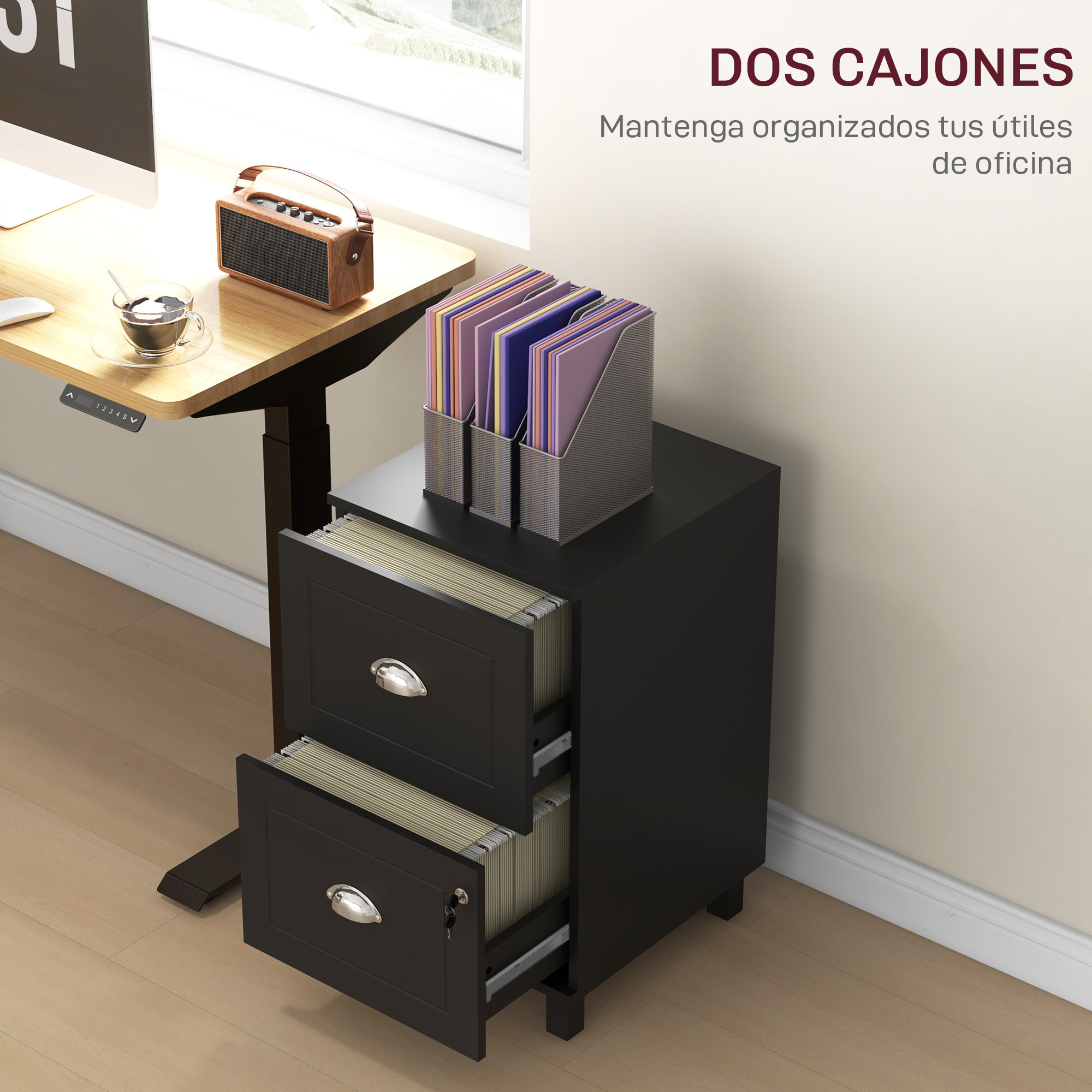 Cajonera de Oficina Mueble Archivador con 2 Cajones Cajonera para Escritorio con Cerraduras Carpetas Suspendidas para A4 y Carta 40x41,5x67,5 cm Negro