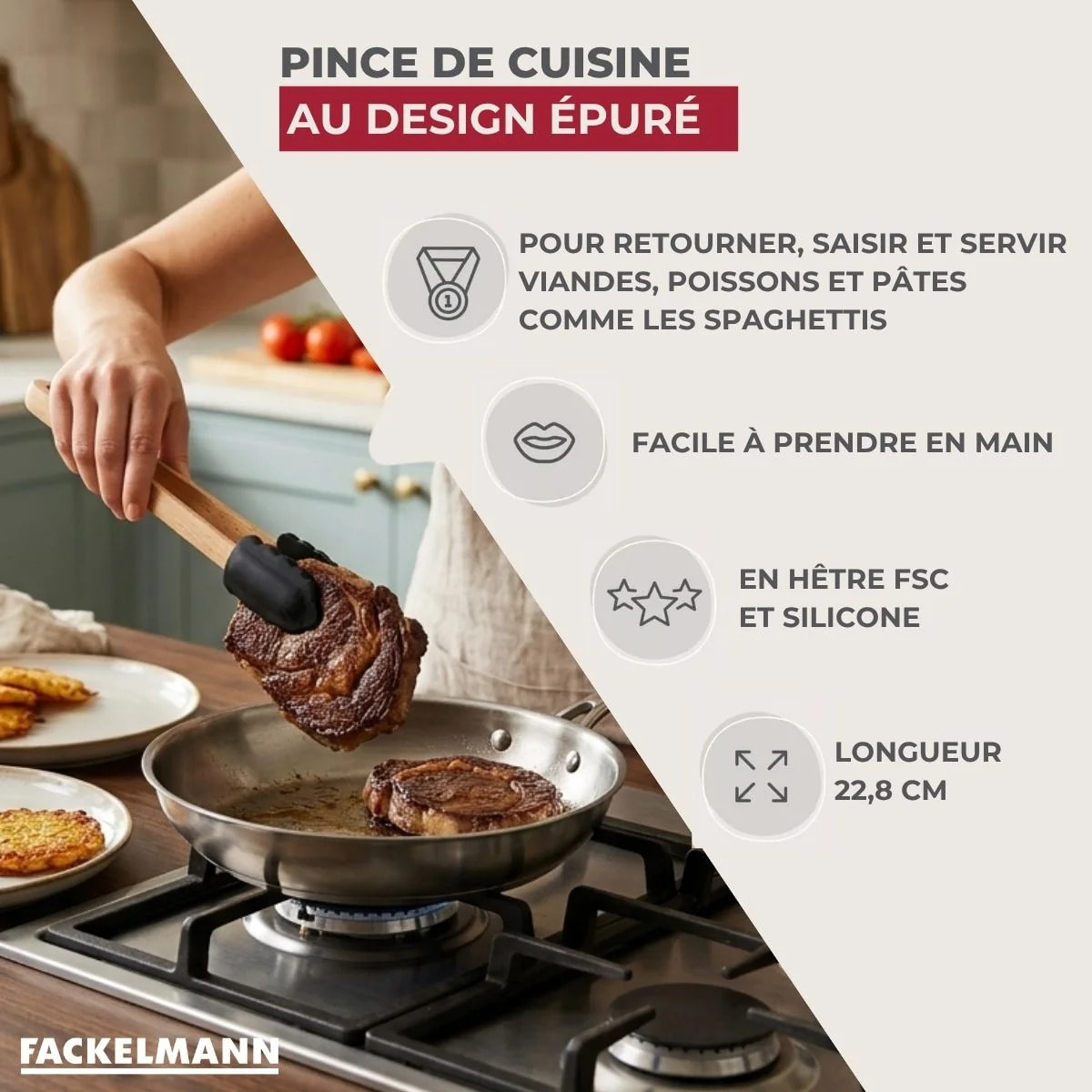 Pince Alimentaire 22,8 cm en Bois et silicone Noir Fackelmann Acacia