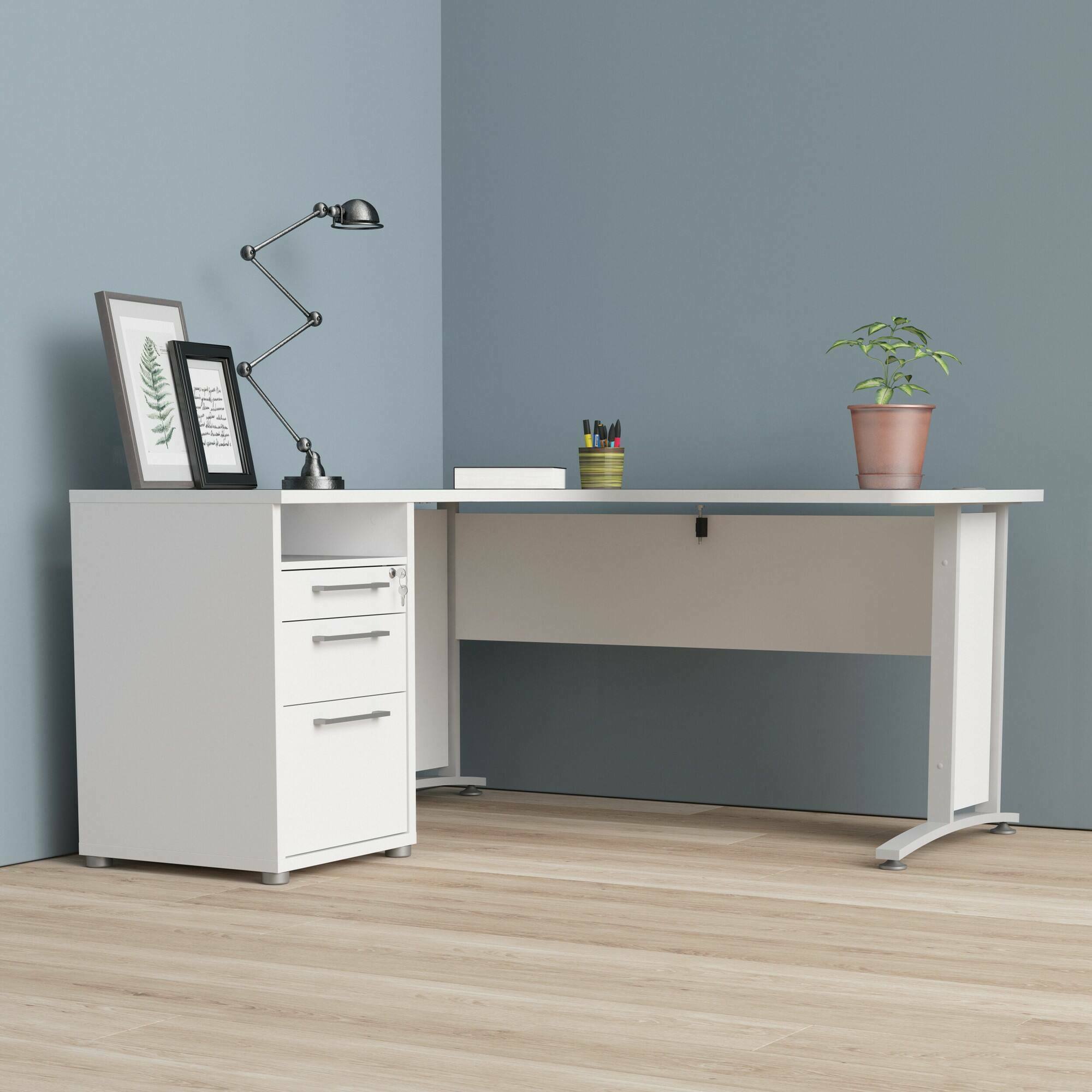 Scrivania Alfango, Scrittoio multiuso, Tavolo per ufficio porta PC, Piano di lavoro, 159x151 h75 cm, Bianco
