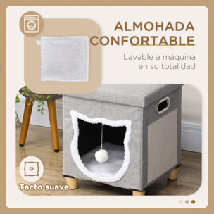 Cama Cueva de Gatos 2 en 1 Casa para Gatos Interior Tipo Reposapiés con Cojín Extraíble Bola Colgante y Almohadilla para Rascar 35,5x35,5x42,5 cm Gris