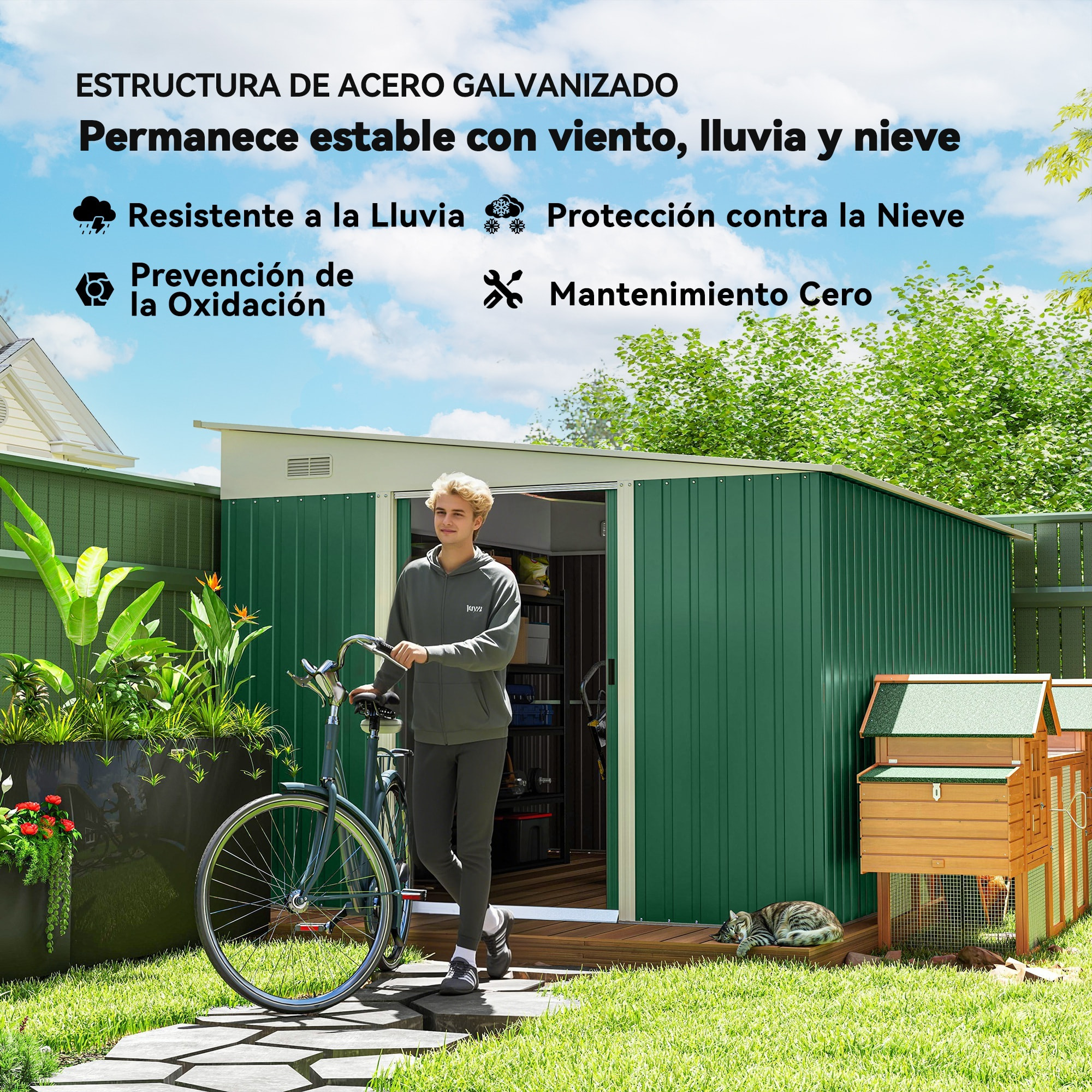 Cobertizo de Jardín Exterior 8,9 m² 280x345x201 cm Caseta de Jardín Exterior Metálica con 2 Puertas Corredizas y 2 Ventanas para Almacenamiento de Herramientas Verde