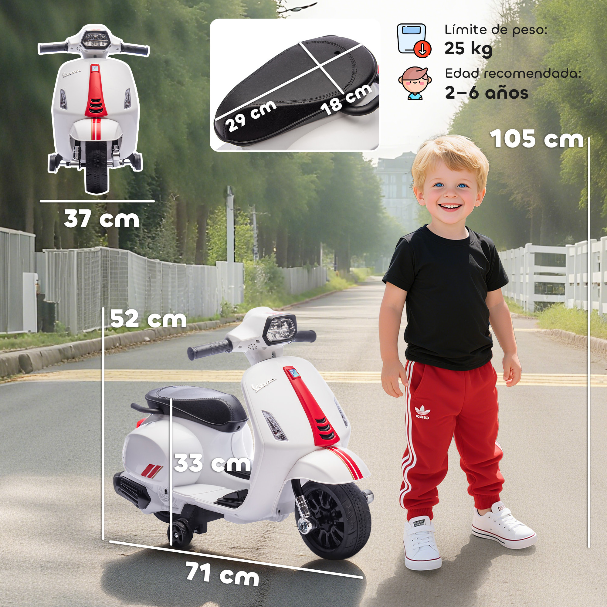 Moto Eléctrica para Niños 6V con Licencia Vespa, Moto Eléctrica Infantil con Ruedas Auxiliares de 6,9'', Velocidad de 2,5km/h, Faro y Bocina, para Niños de 2-6 Años, Blanco