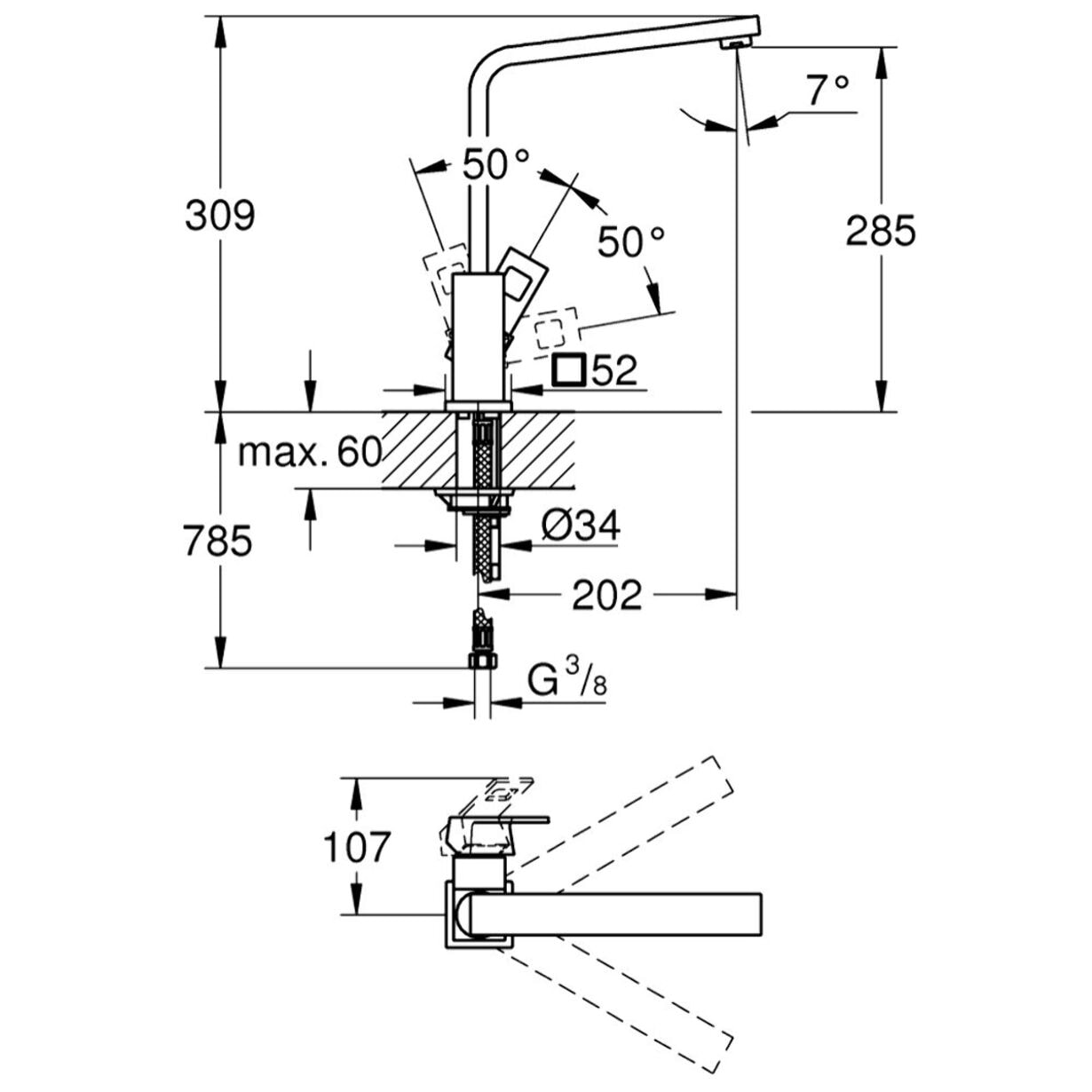 Mitigeur monocommande évier cuisine Eurocube bec haut
