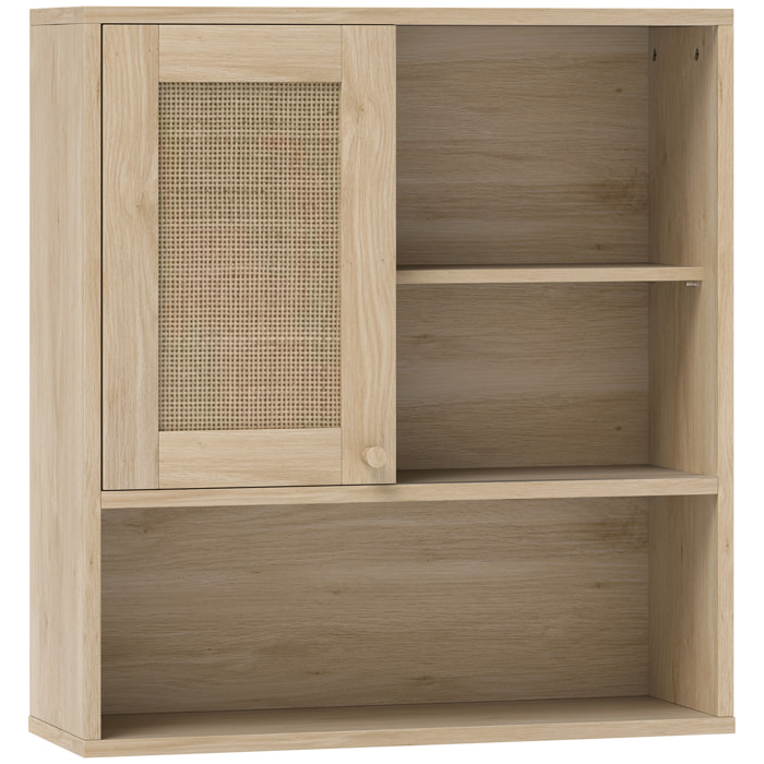 Armoire murale de salle de bain style cosy chic - porte coulissante rotin, étagère, niche - effet bois clair