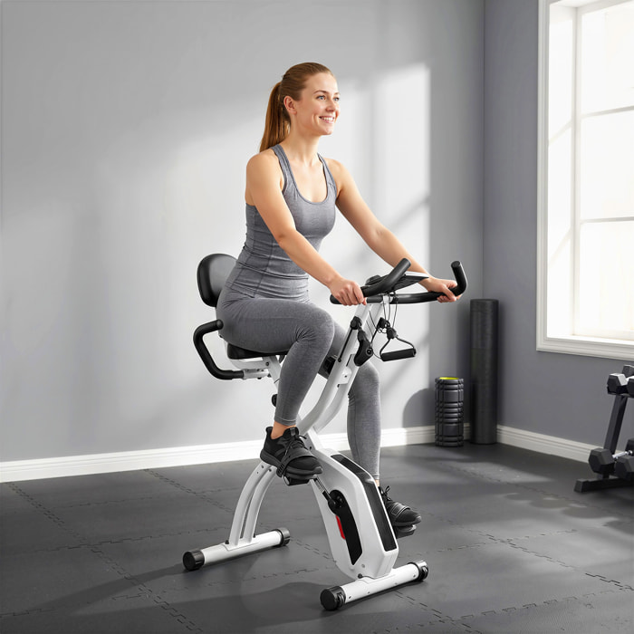 Bicicleta Estática Plegable 4 en 1 con Respaldo y 8 Niveles Resistencia Magnética Bicicleta Estática Casa Ajustable con Bluetooth Monitor LCD Volante Bandas Sensor Pulso Soporte Móvil Blanco
