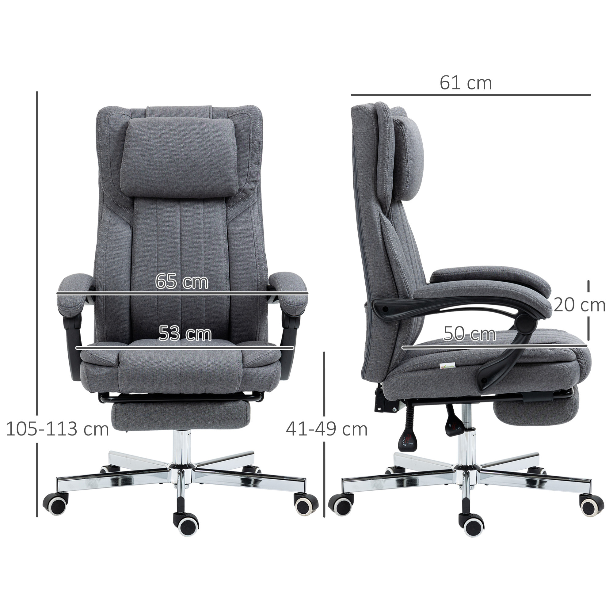 Fauteuil de bureau manager grand confort repose-pied dossier inclinable accoudoirs tétière rembourrés tissu gris