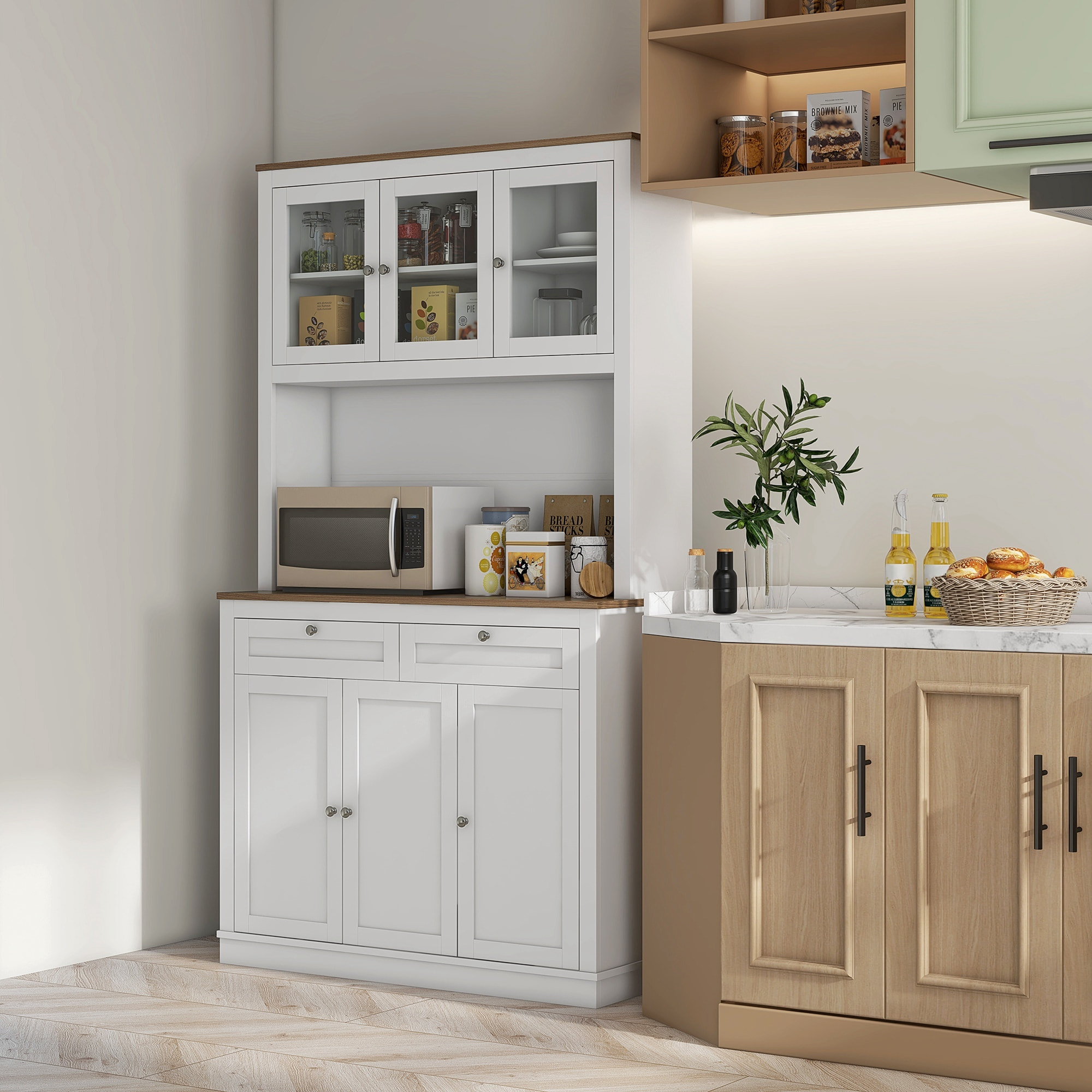 Buffet haut cuisine vitrine - 6 portes, 2 tiroirs, plan de travail - dim. 100x40x180cm - blanc effet bois noyer
