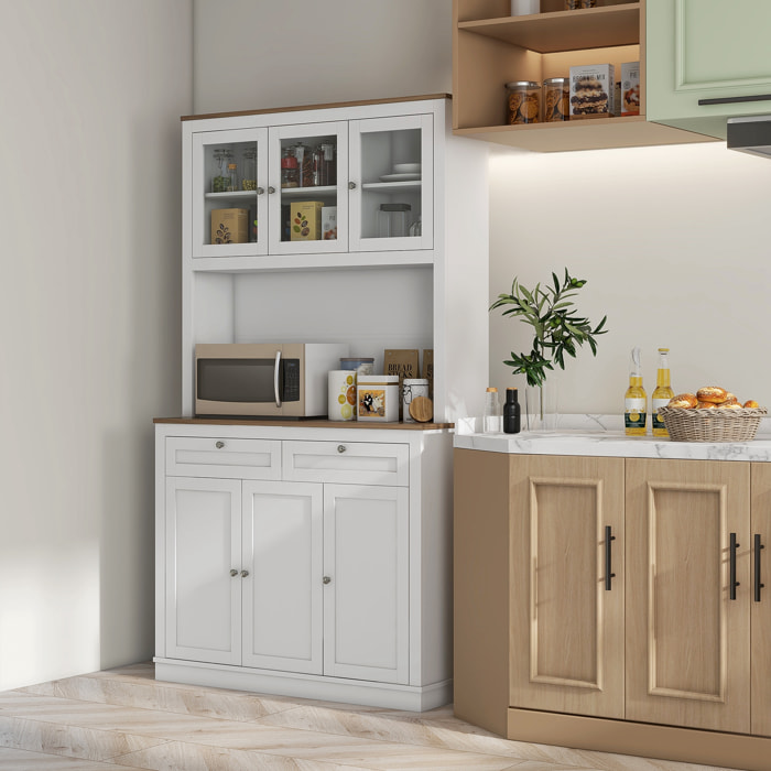 Buffet haut cuisine vitrine - 6 portes, 2 tiroirs, plan de travail - dim. 100x40x180cm - blanc effet bois noyer