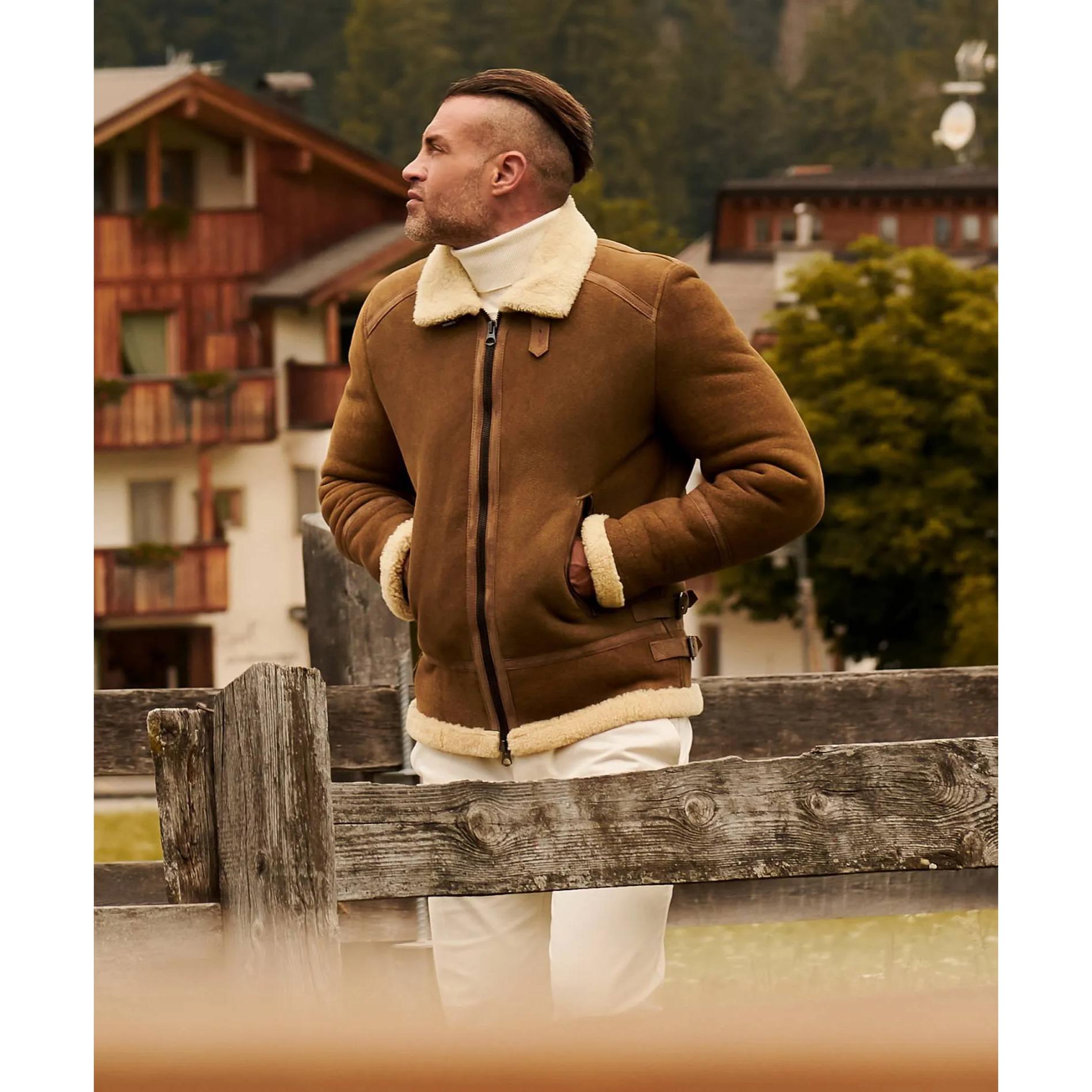 Montone nubuck cuoio Shearling biker uomo collo camicia