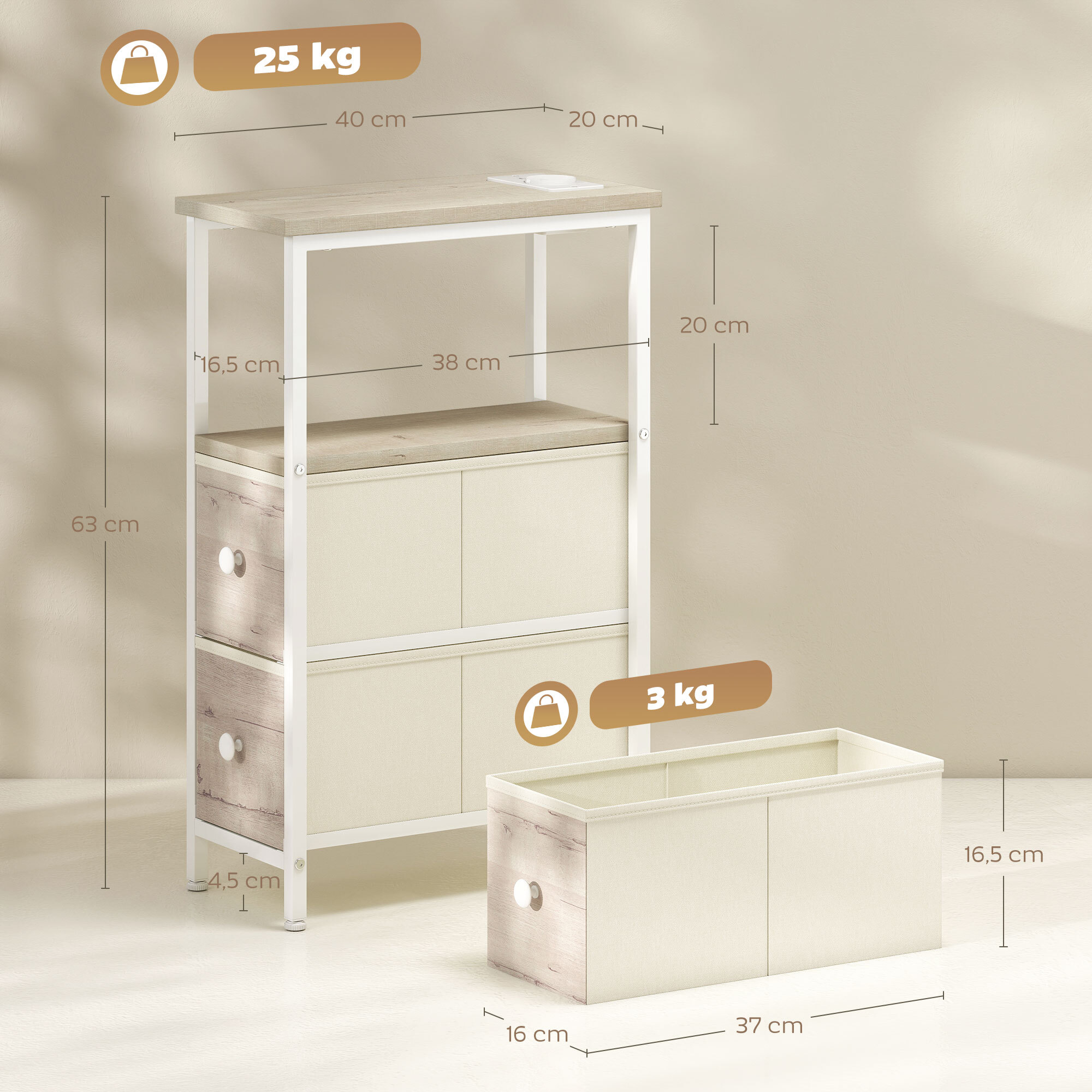 Juego de 2 Mesas Auxiliares con Enchufe, Mesitas Auxiliares Estrechas con Toma AC, Puerto USB, Puerto USB-C, 2 Cajones de Tela, Estante Abierto, para Salón, Dormitorio, Natural