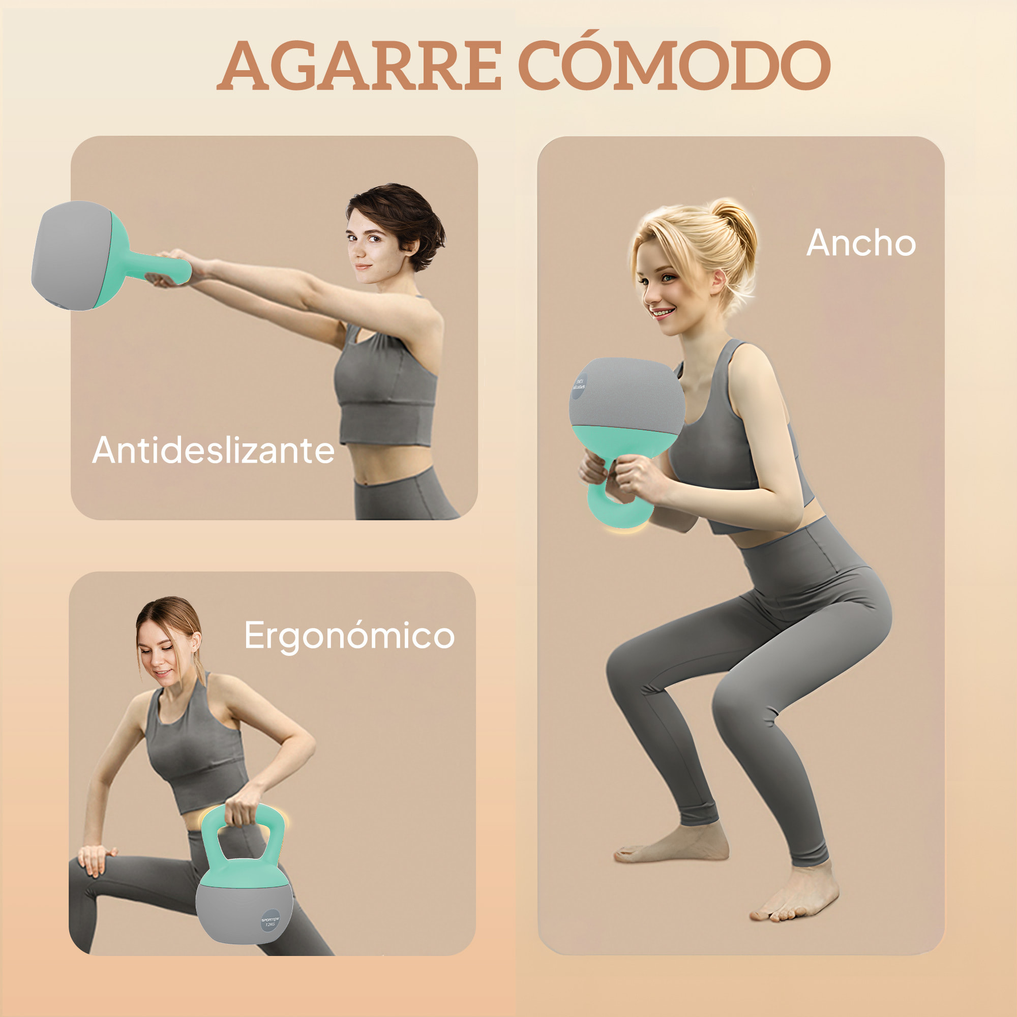 Pesa Rusa 12 kg, Soft Kettlebell Relleno de Arena Metálica y Mango Antideslizante, para Entrenamiento Culturismo en Casa, Gimnasio, Verde Menta y Gris