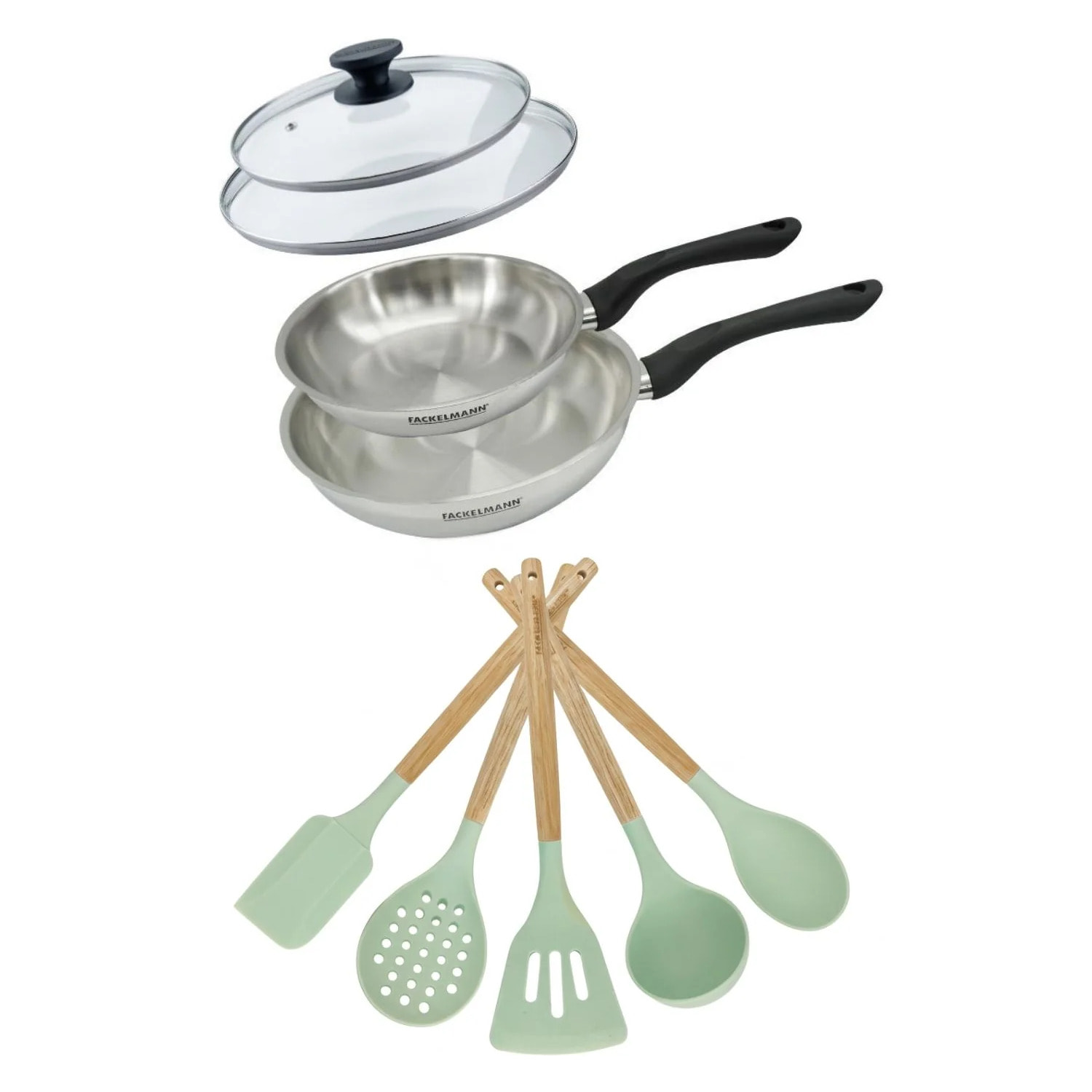 Lot de 2 Poêles Fackelmann Geneva avec couvercles et 5 ustensiles Ocean