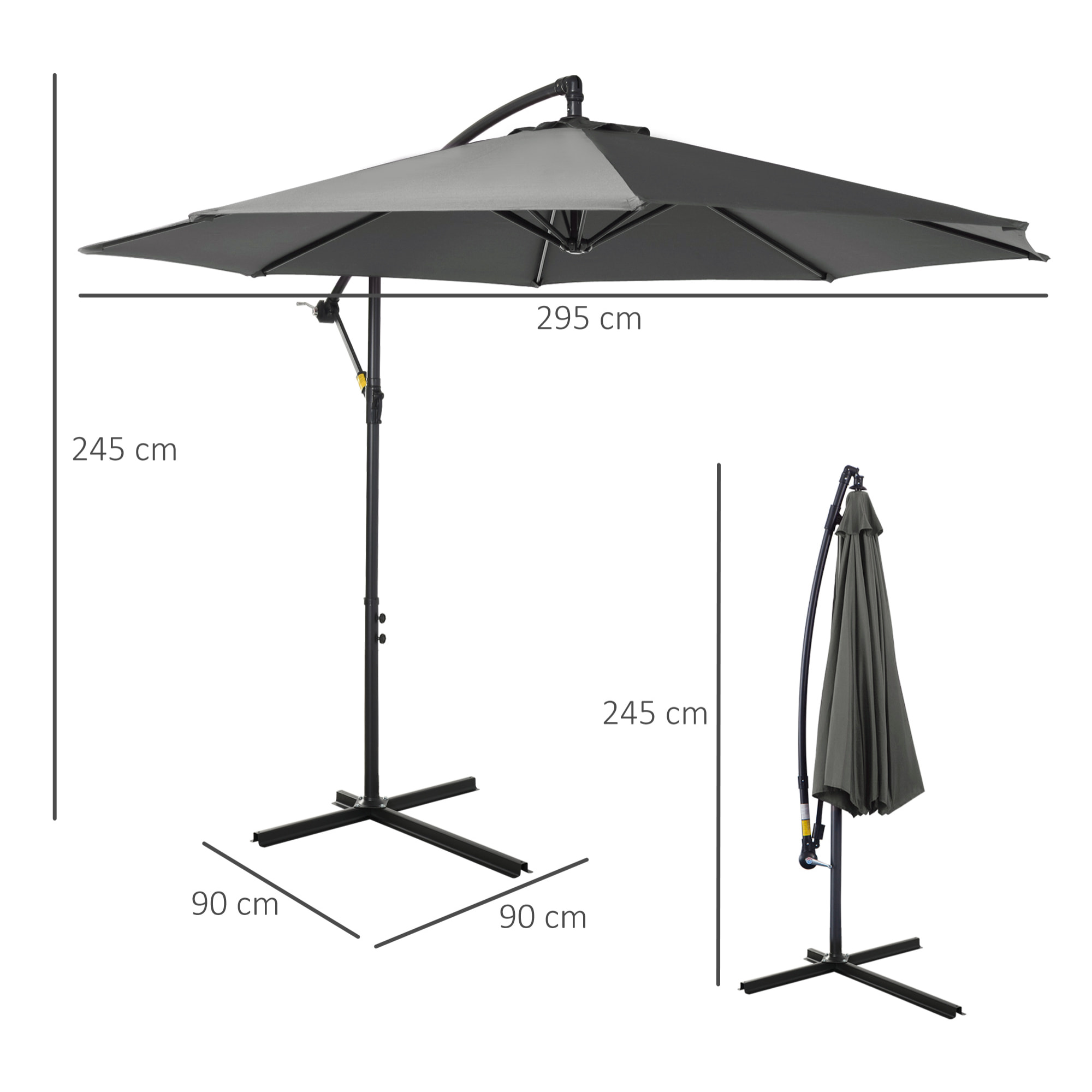 Sombrilla de Jardín Ø300x250 cm Parasol Excéntrico Inclinable con Manivela Base Cruzada y Soporte de Acero Protección Solar para Terraza Exterior Gris
