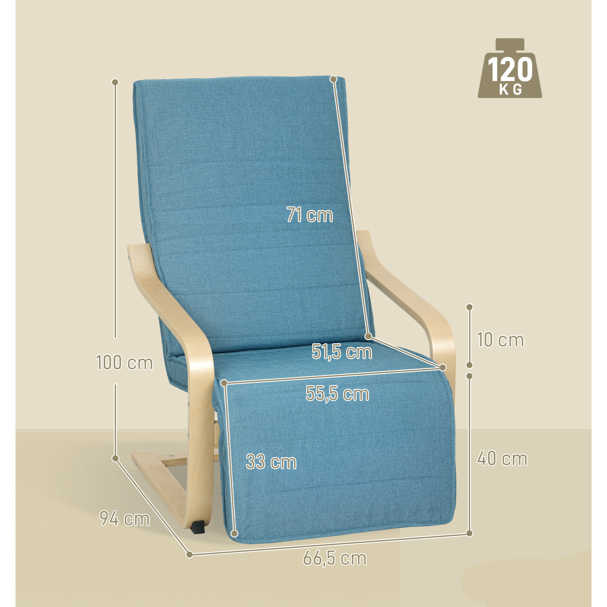 Sillón de Salón con Reposapiés Ajustable, Butaca de Salón Tapizada en Lino Sintético con Marco de Madera, Sillón de Relax para Dormitorio, Oficina, Estudio, 66,5x94x100 cm, Azul