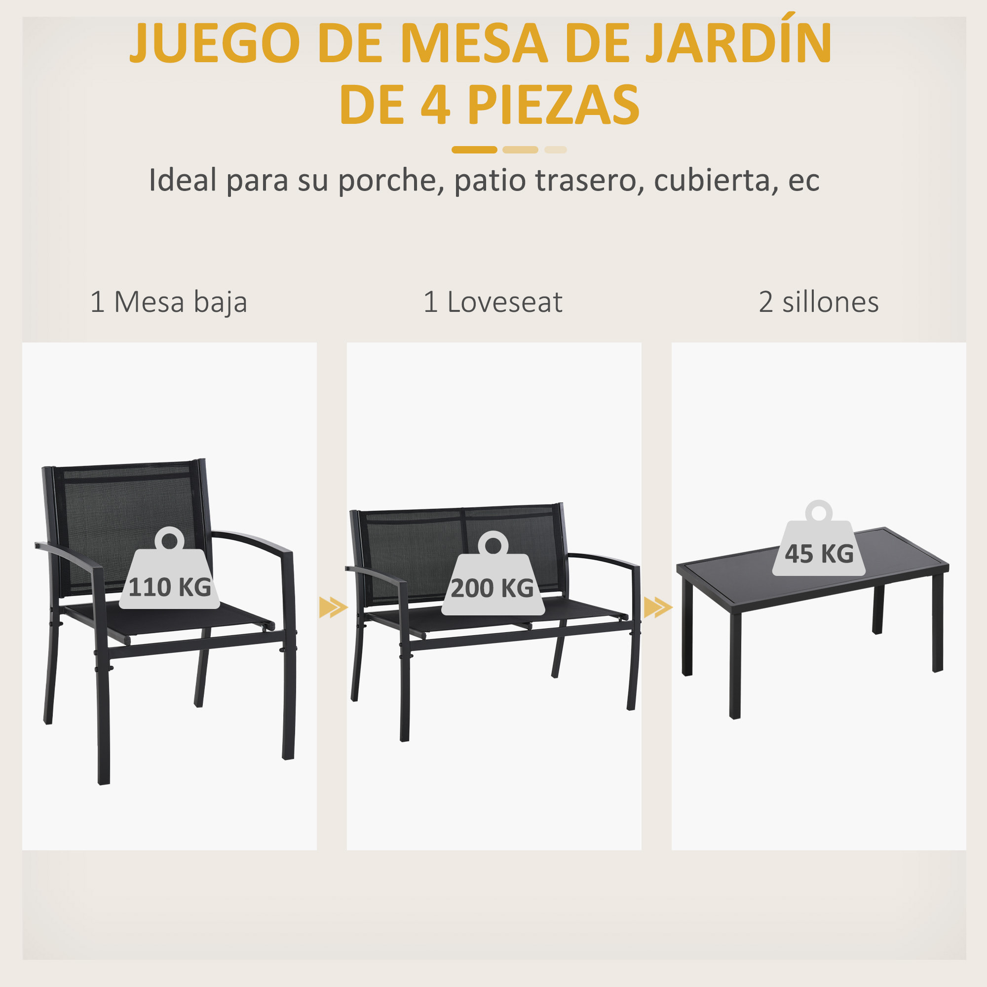 Outsunny Conjunto de Muebles de Jardín 4 Piezas Muebles Jardín Exterior con 2 Sillones 1 Sofá de 2 Plazas y Mesa de Centro con Tablero de Vidrio Templado Negro