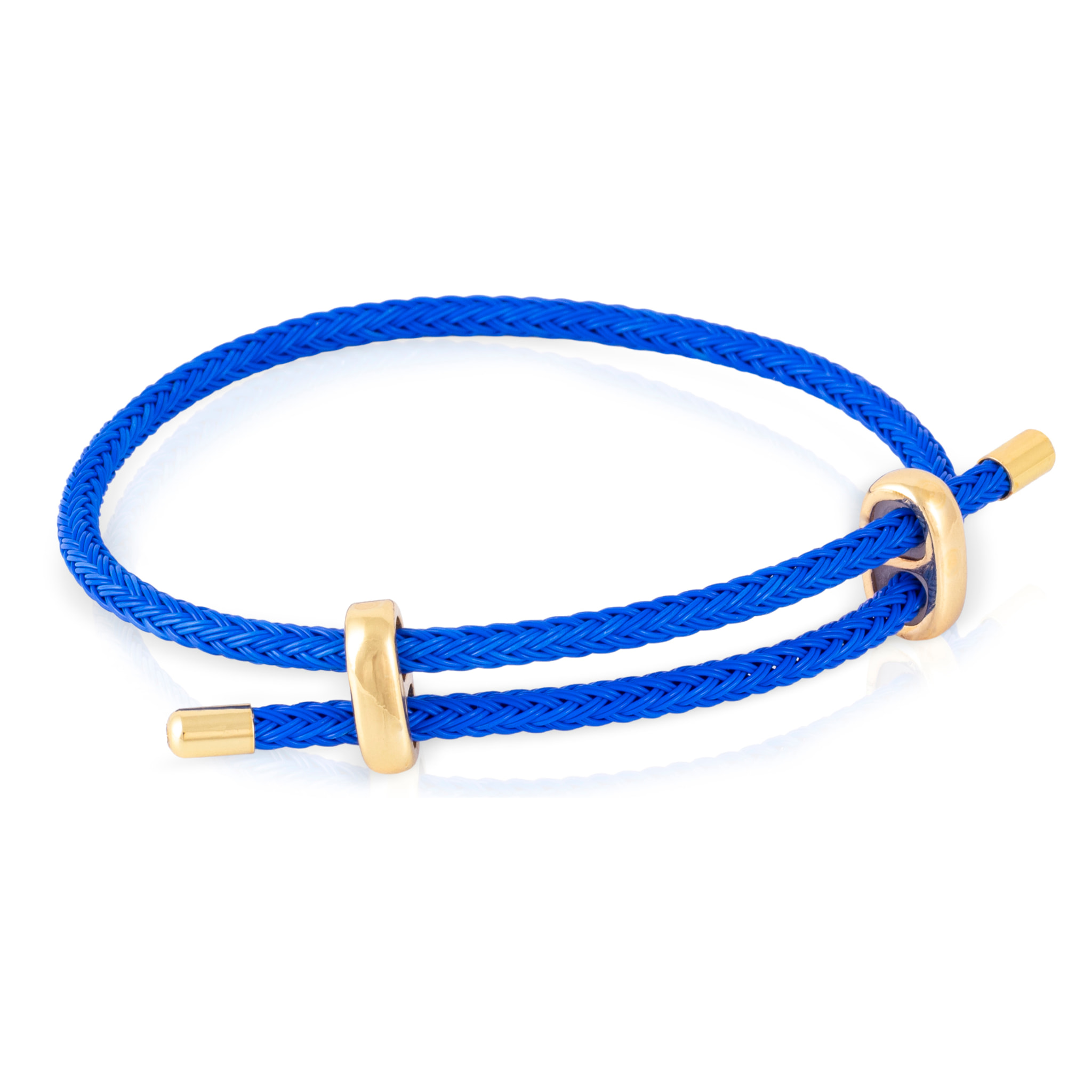 Pack de 3 pulseras trenzadas de alambre de acero rosa, azul y rojo con cierre cruzado de cobre dorado.