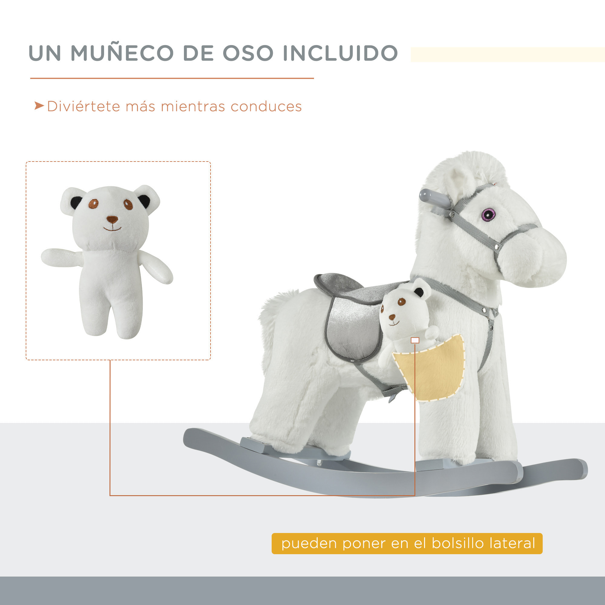 Caballito Balancín con Felpa con Osito de Peluche para Niños 18-36 Meses Caballo Mecedora Sonidos de Relincho y Galope Base de Madera Asiento 35 cm Carga 30 kg 65x26x55 cm Blanco