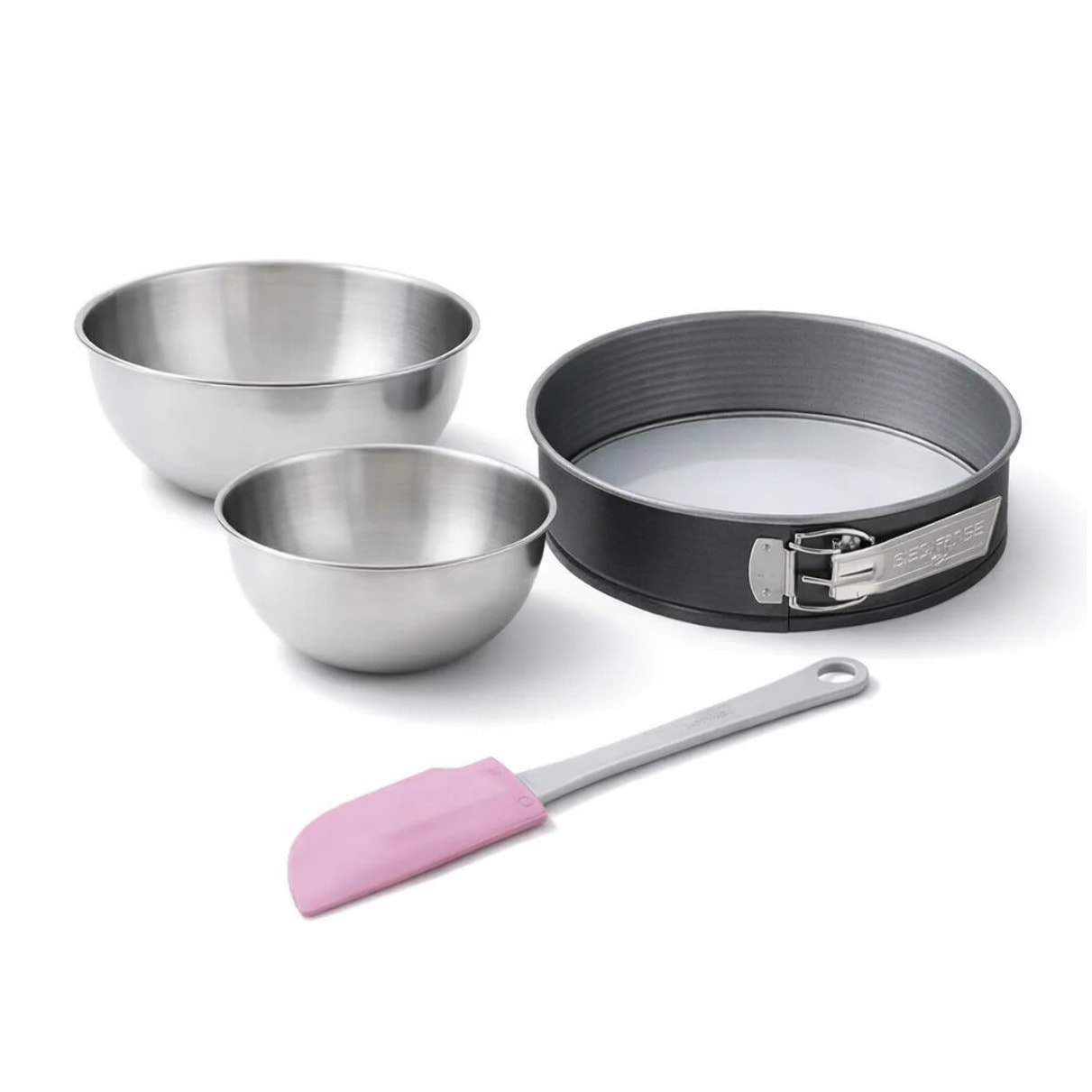 Set à pâtisserie avec 1 moule à manqué à charnière fond en verre, 1 spatule Zenker et 2 bols à mixer en inox Fackelmann
