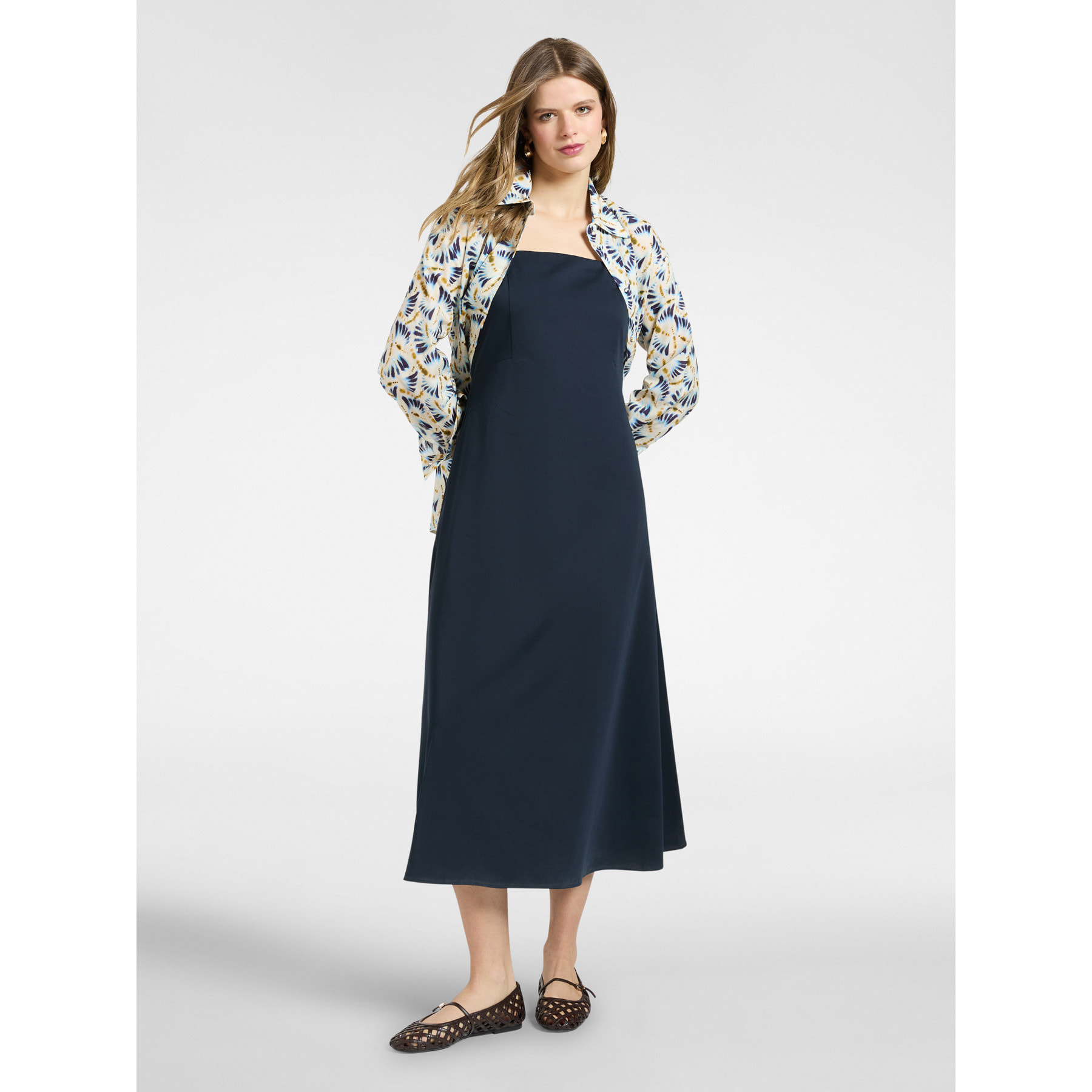 Elena Mirò - Vestido largo de raso mezcla algodón - Azul