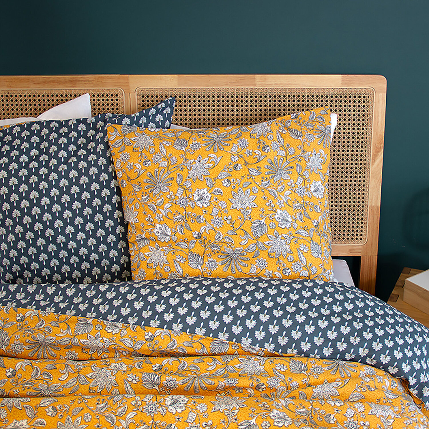 Parure housse de couette 100% coton motif floral - jaune moutarde