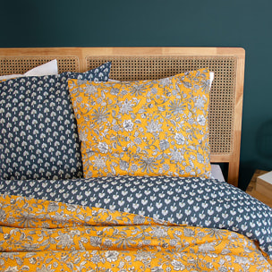 Parure housse de couette 100% coton motif floral - jaune moutarde