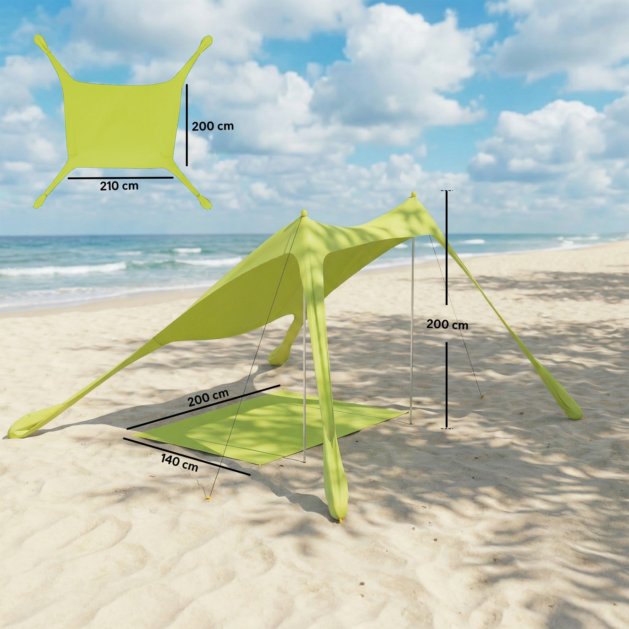 Carpa Playa Plegable 208x200 cm, Toldo Playa Portátil para 2-4 Personas con Esterilla, UPF50+, Postes de Aluminio, Pala, Estacas y Bolsa de Transporte Impermeable, para Camping, Pesca, Verde