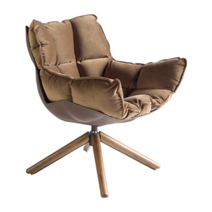 Sillón giratorio tapizado en tela aterciopelada en marrón con estructura de patas de madera en nogal 70x75x94cm