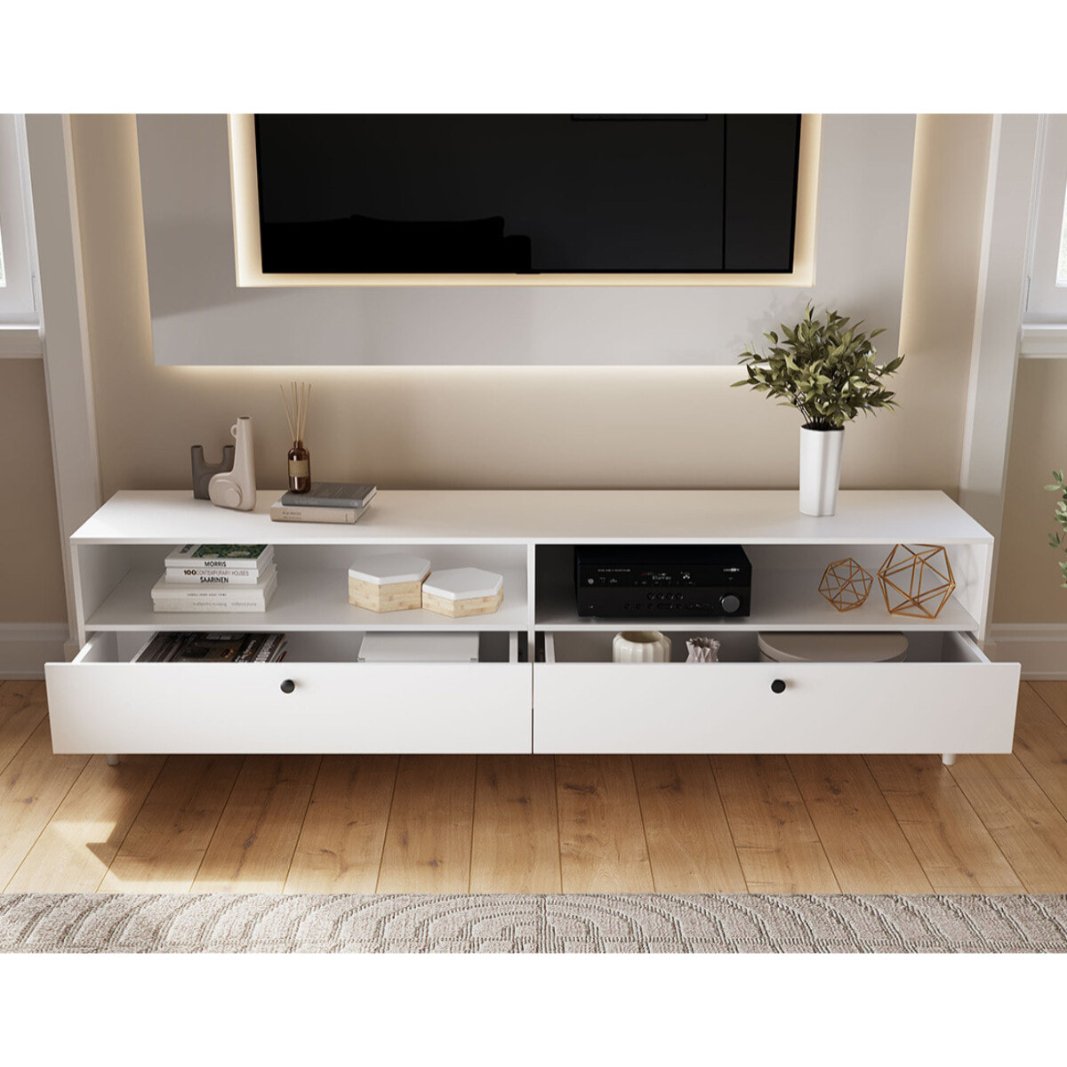 Gaby - meuble tv - blanc - 2 tiroirs et 2 niches - 200 cm - Blanc