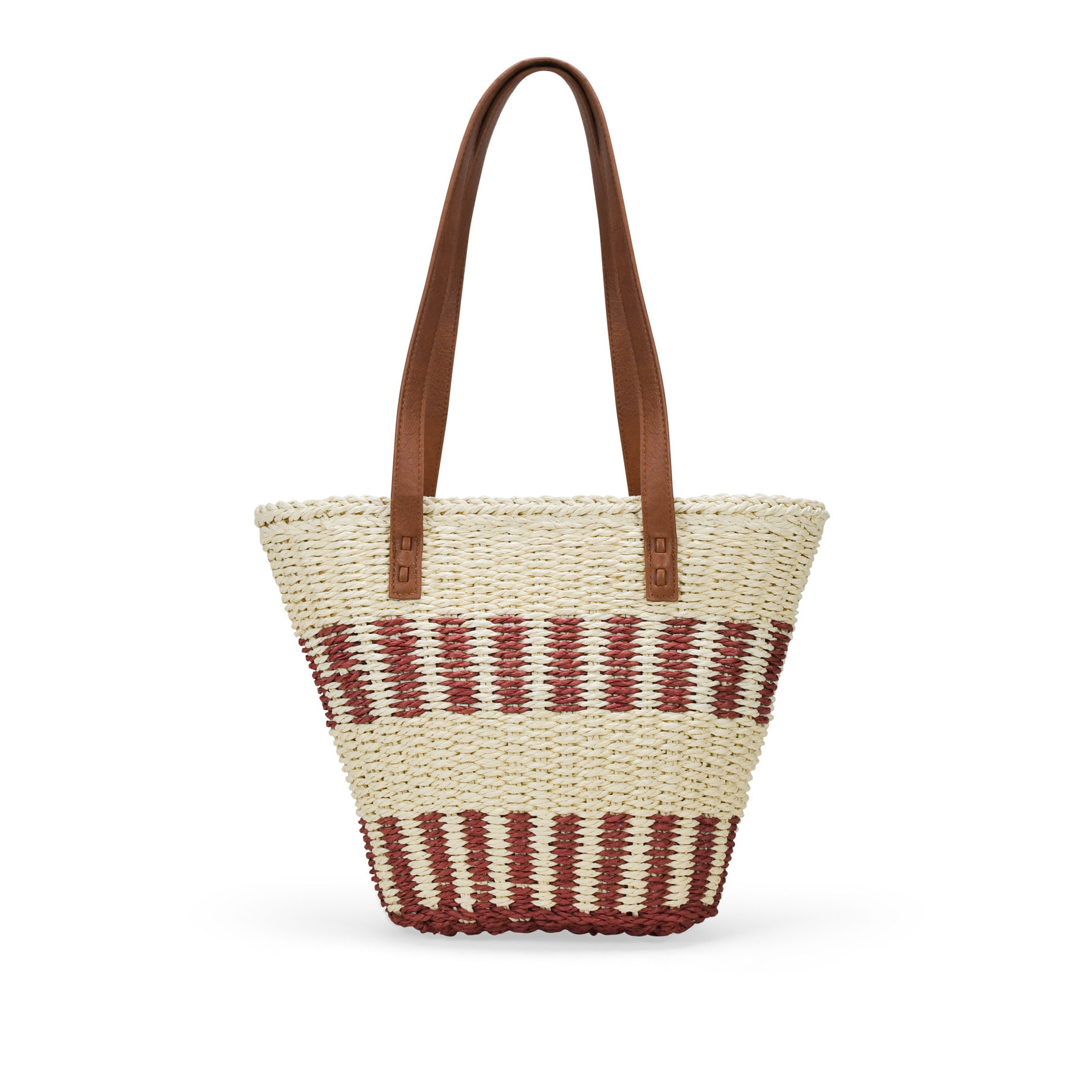 Capazo de hombro beige y burdeos en rafia