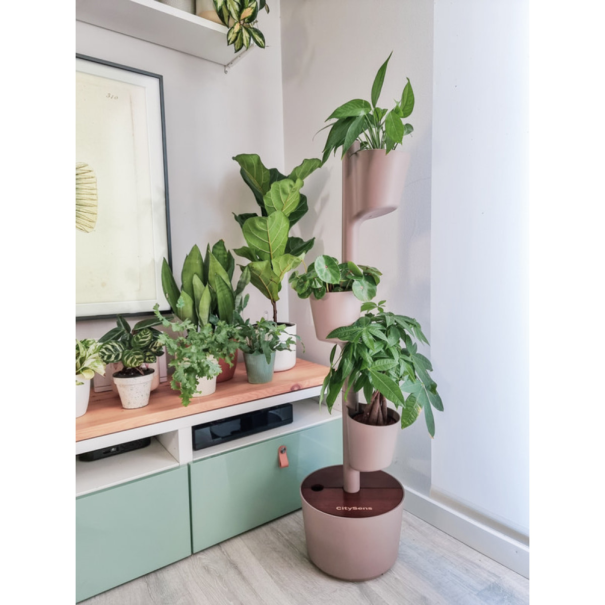 Jardinera vertical con plantas de interior; color corteza de pino de 3 macetas con riego automático