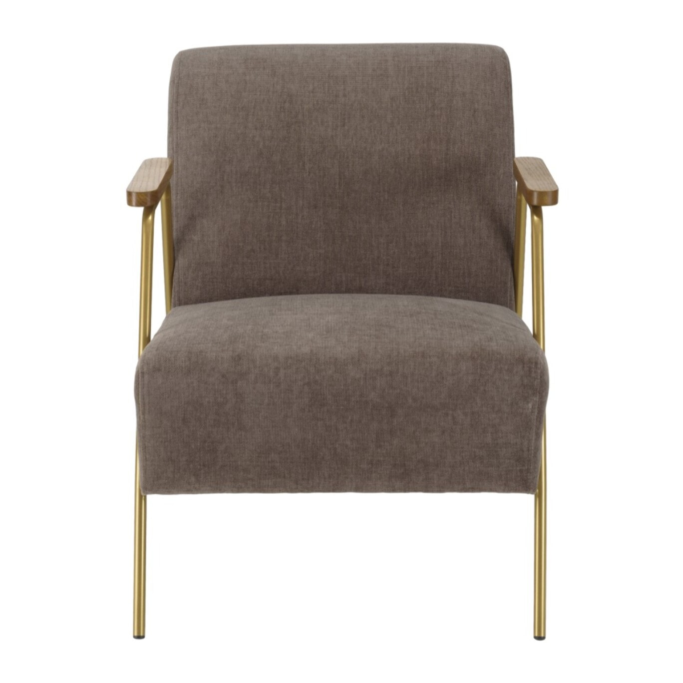 AGATHE - Fauteuil lounge tissu taupe métal doré accoudoirs bois