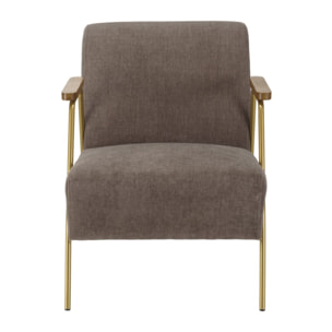 AGATHE - Fauteuil lounge tissu taupe métal doré accoudoirs bois