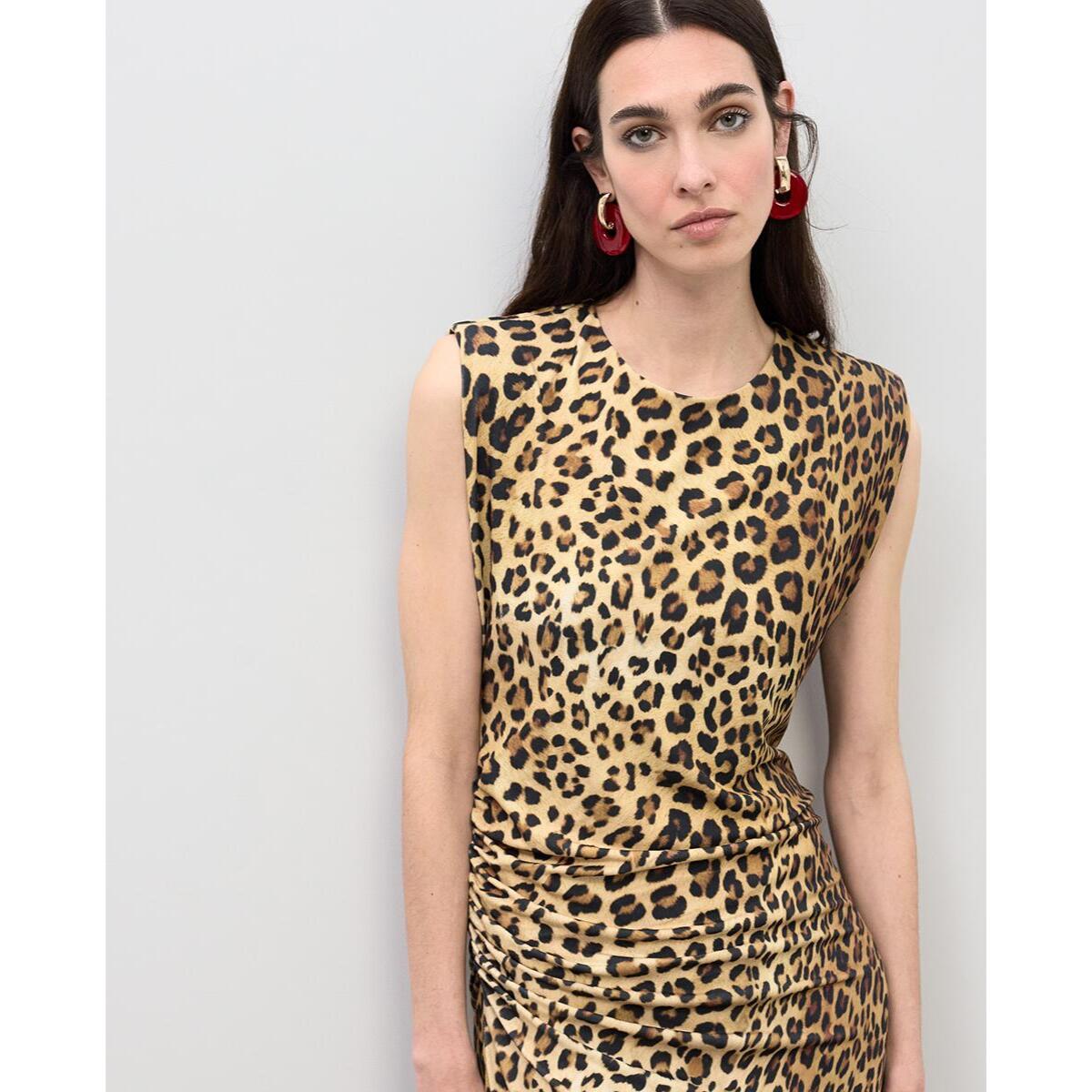 Abito midi aderente con drappeggio in stampa animalier