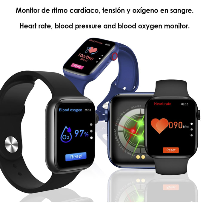 Smartwatch X8 Max con marcador y llamadas Bluetooth, termómetro corporal, monitor cardiaco y de tensión.