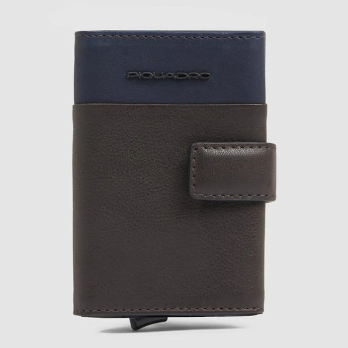 Piquadro Portacarte automatico in metallo e pelle, schermato con protezione RFID