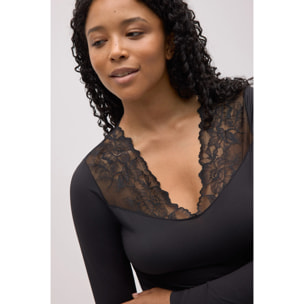 T-shirt elasticizzata a maniche lunghe con pizzo nero